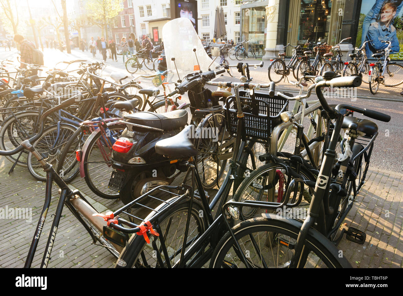 Un montón de bicicletas en un aparcamiento para bicicletas típico de Amsterdam Foto de stock