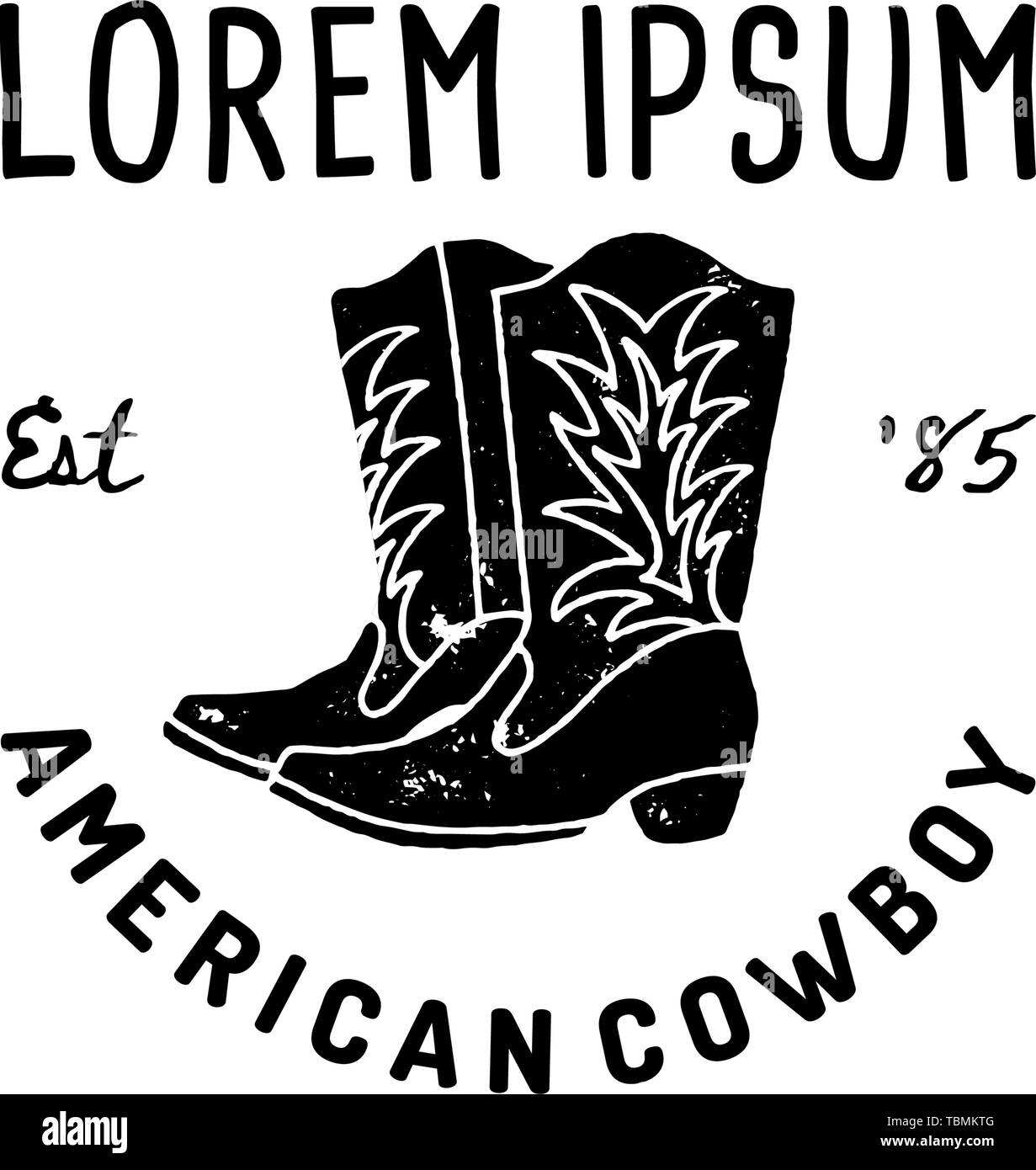 Logotipo occidental botas de vaquero americano dibujar a mano de estilo  grunge. El símbolo Wild West cantar de botas vaqueras y tipografía Retro.  Vintage emblema para imprimir, póster, t-shirt, cubierta, banner u