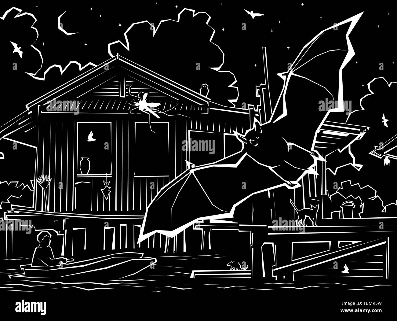Ilustración vectorial editable de un murciélago caza mosquitos alrededor de waterside casas Ilustración del Vector