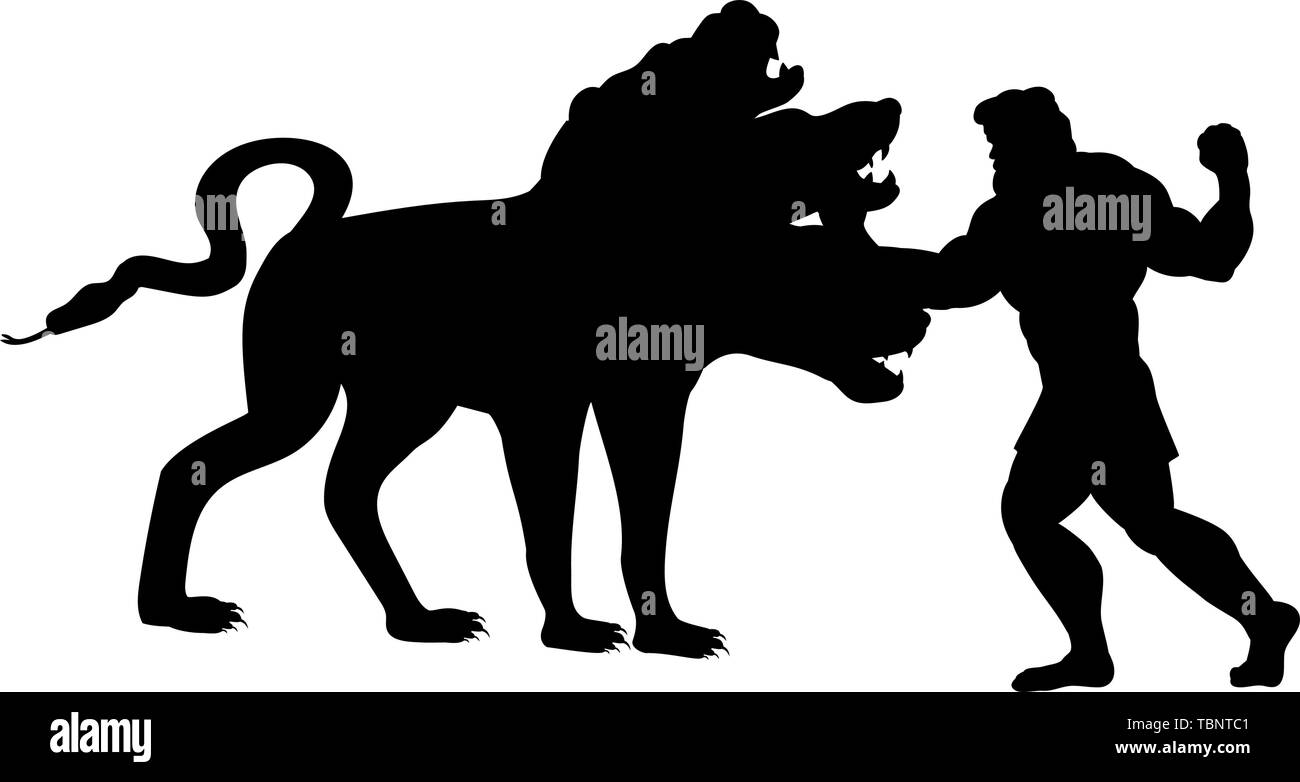 Heracles peleas de perros Cerberus silueta la mitología antigua fantasía. Ilustración vectorial. Ilustración del Vector