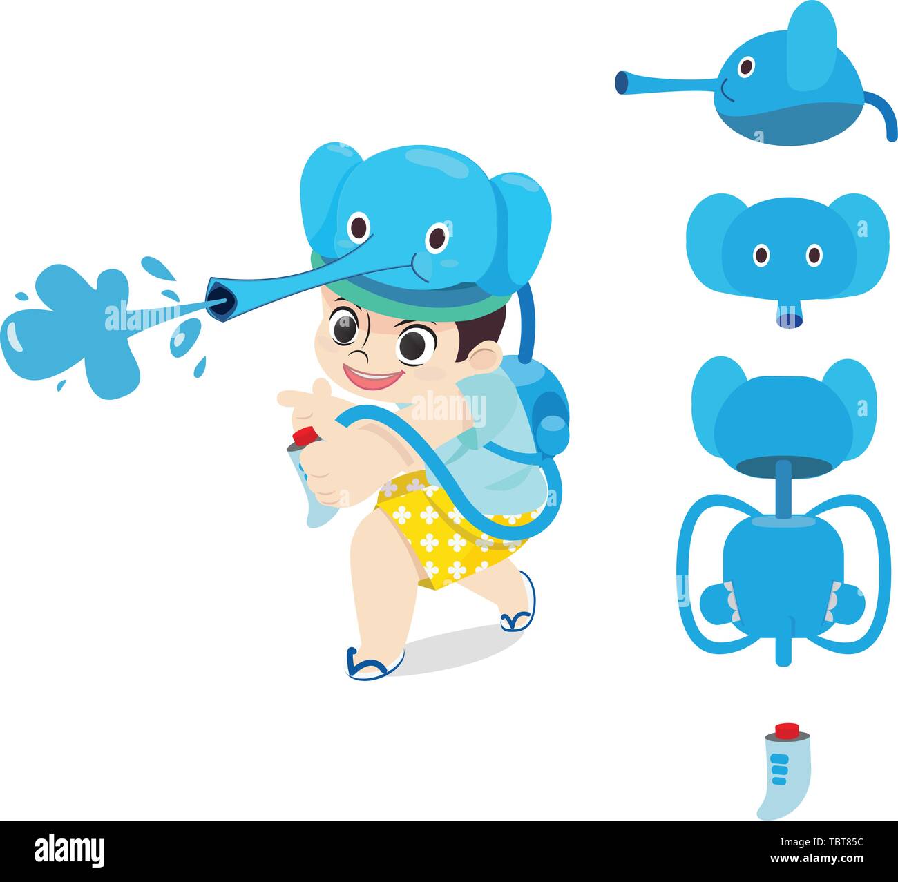 Chico divertido jugar con pistola de agua de elefantes en Tailandia festival Songkran día.personaje niño desgin con pistola de agua prop diseño ilustración vectorial Ilustración del Vector