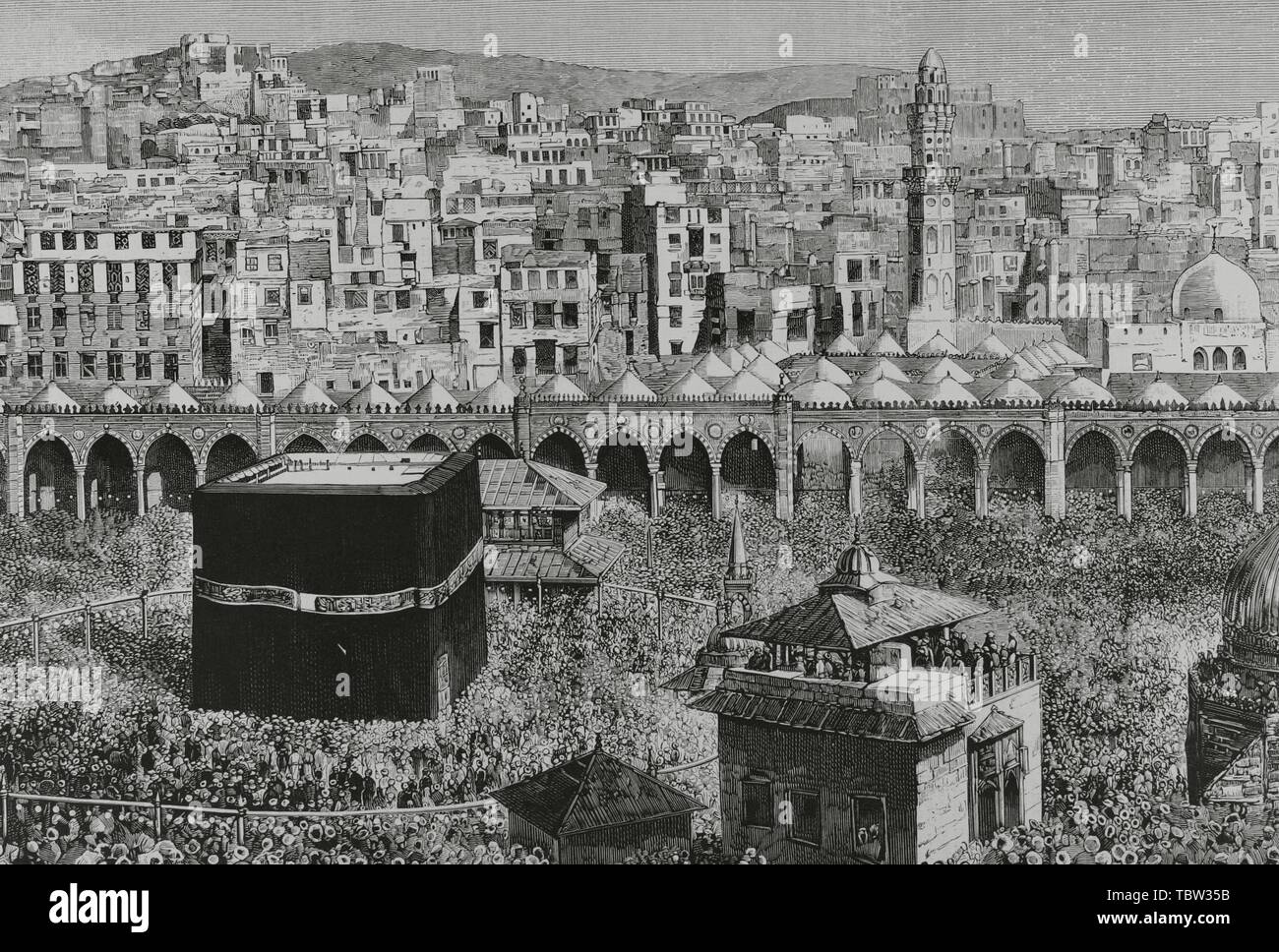 Arabia Saudí. La Meca. Vista general de la ciudad. En el centro de la mezquita Masjid al-Haram, la Kaaba, que alberga la "piedra negra". Grabado de La Ilustración española y americana, 15 de abril de 1882. Detalle. Foto de stock