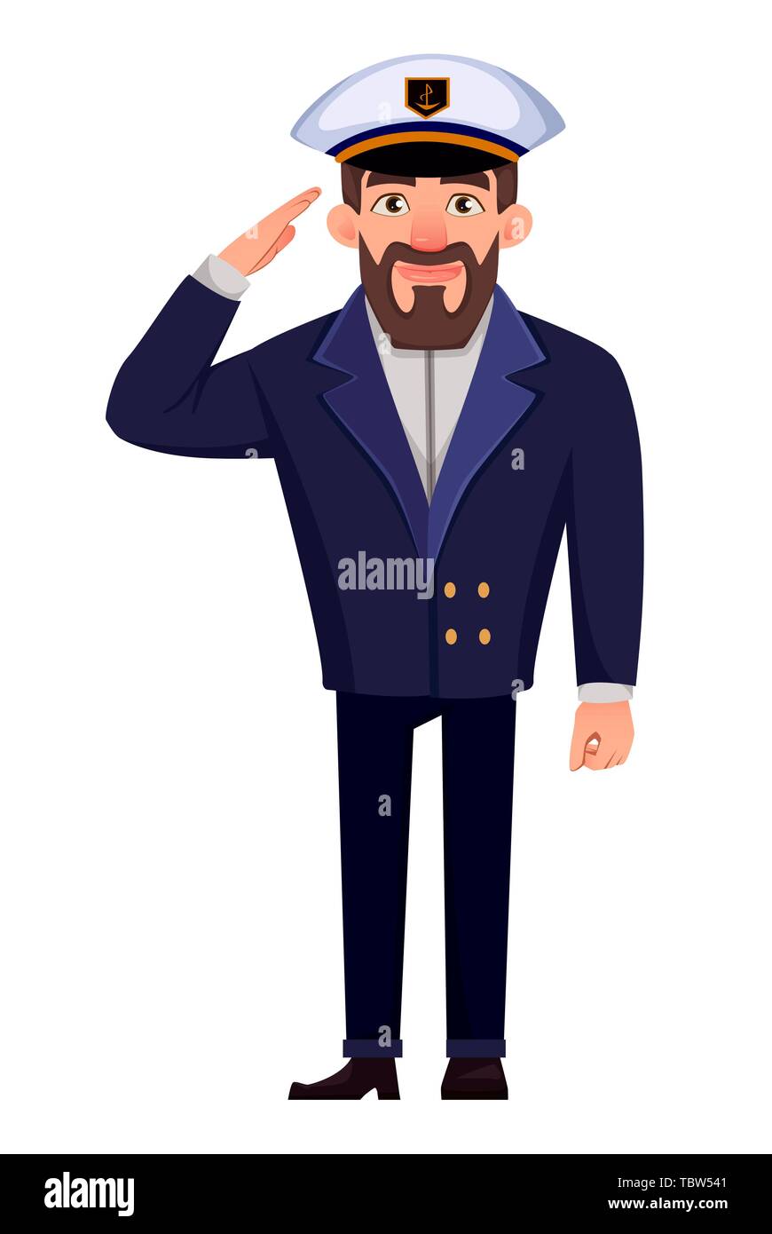 El capitán del buque en uniformes profesionales dando salute. Guapo personaje de dibujos animados. Ilustración vectorial Ilustración del Vector