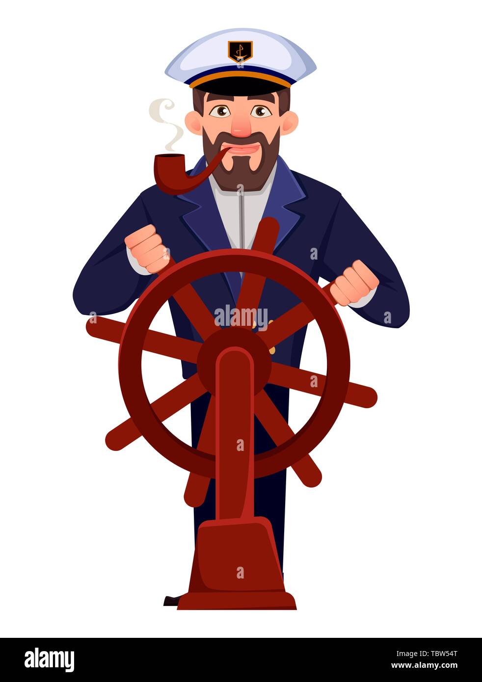 El capitán del buque en uniformes profesionales con el volante de la dirección. Guapo personaje de dibujos animados. Ilustración vectorial Ilustración del Vector