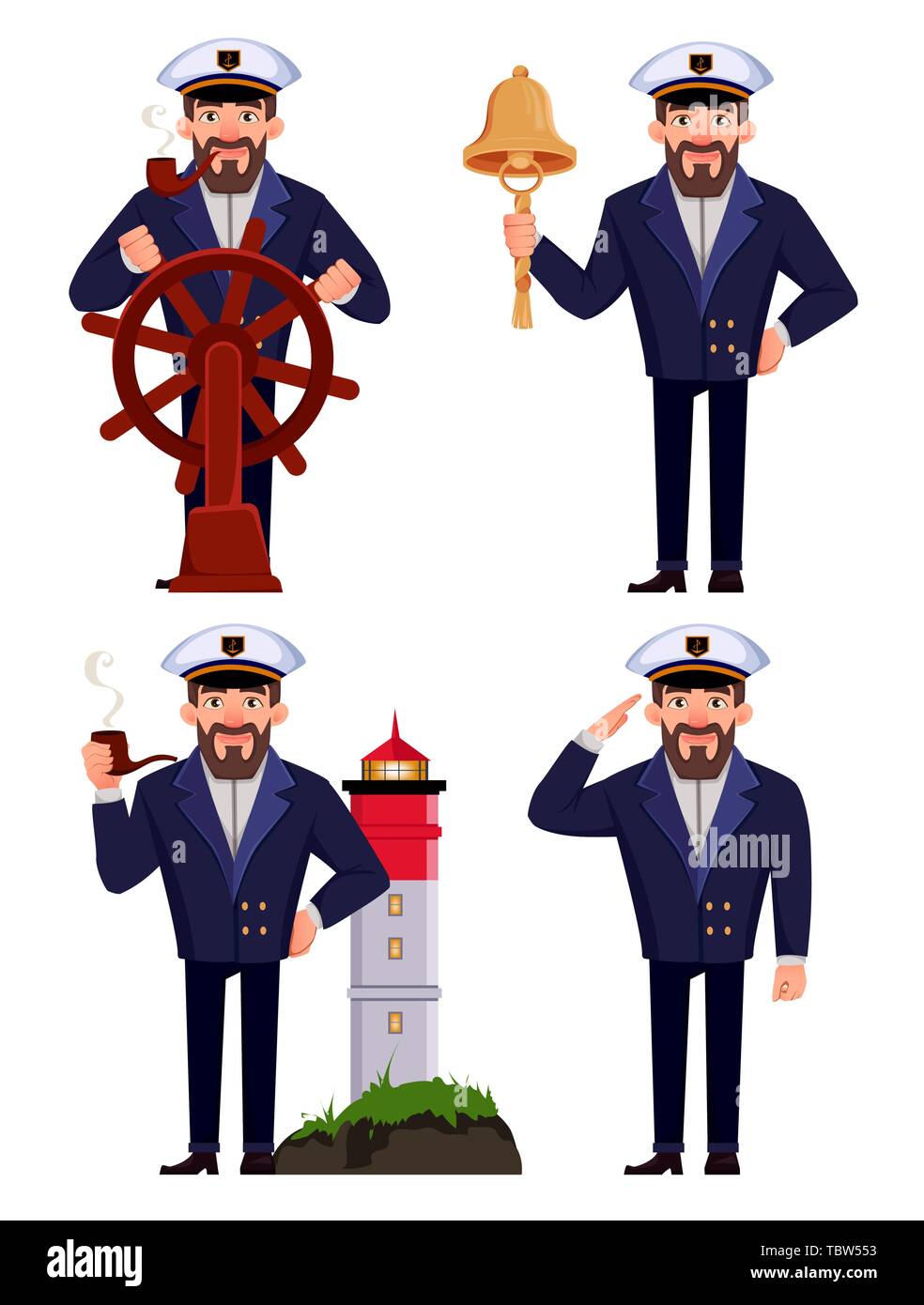 El capitán del buque en uniforme profesional, conjunto de cuatro poses. Guapo personaje de dibujos animados. Ilustración vectorial Ilustración del Vector