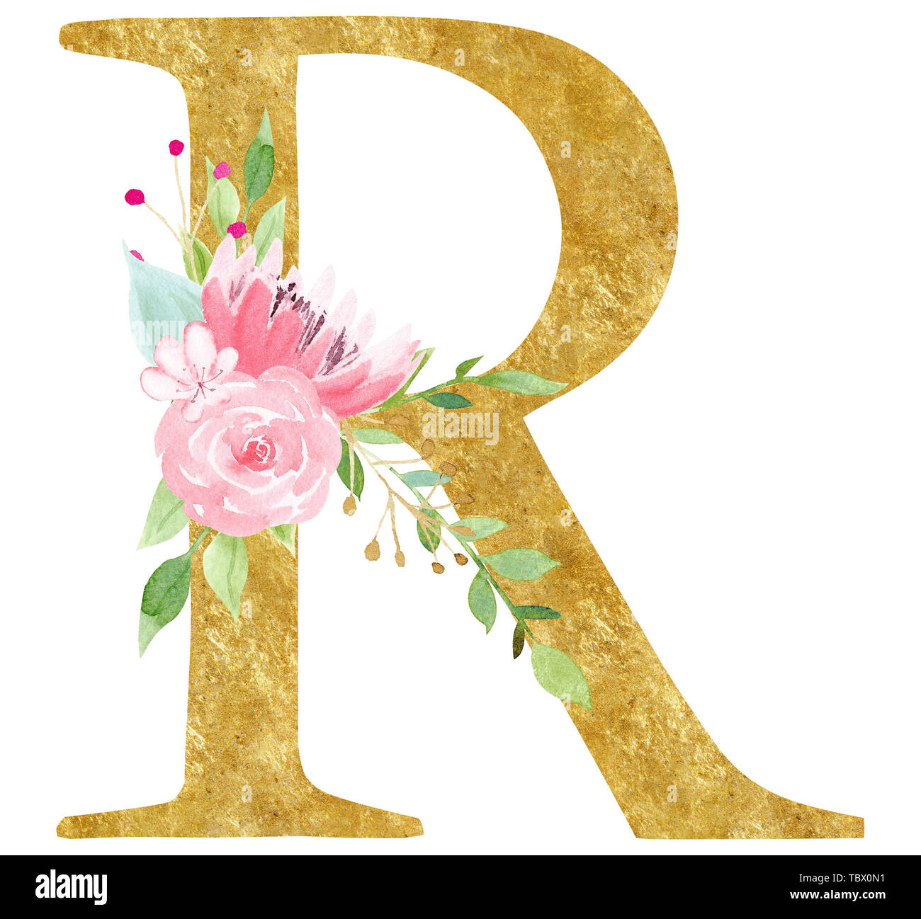 Letra R inicial con flor de ilustración raster. Signo del alfabeto latino  con flor rosa de acuarela. Elegante letras de cartón con golden t  Fotografía de stock - Alamy