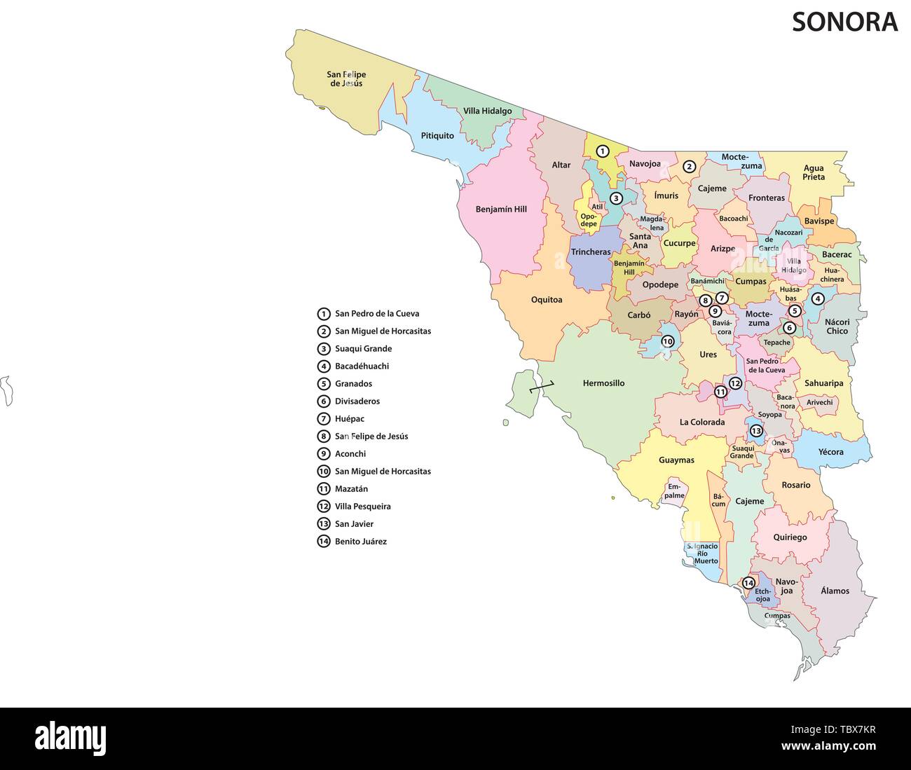 Mapa Del Estado De Sonora México Mapa Político Y Administrativo Del Estado Mexicano De Sonora En Español  Imagen Vector De Stock - Alamy
