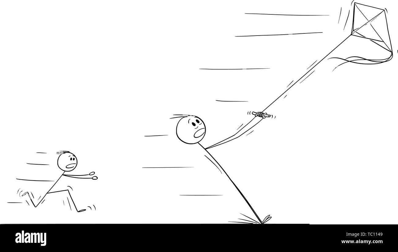 Cartoon vectores stick figura dibujo Ilustración conceptual del padre flying kite y tirar con viento fuerte. Niño es correr tras él. Ilustración del Vector
