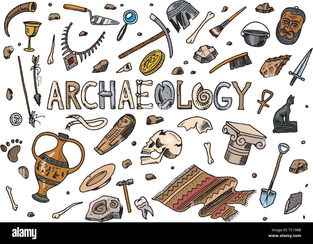 Conjunto de herramientas de arqueología, ciencia equipos, artefactos.  Excavar fósiles y huesos antiguos. Doodle boceto dibujados a mano de estilo  Imagen Vector de stock - Alamy