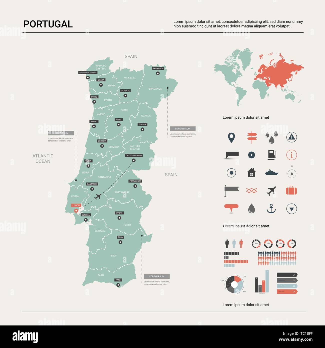 Mapa vetorial político detalhado de portugal