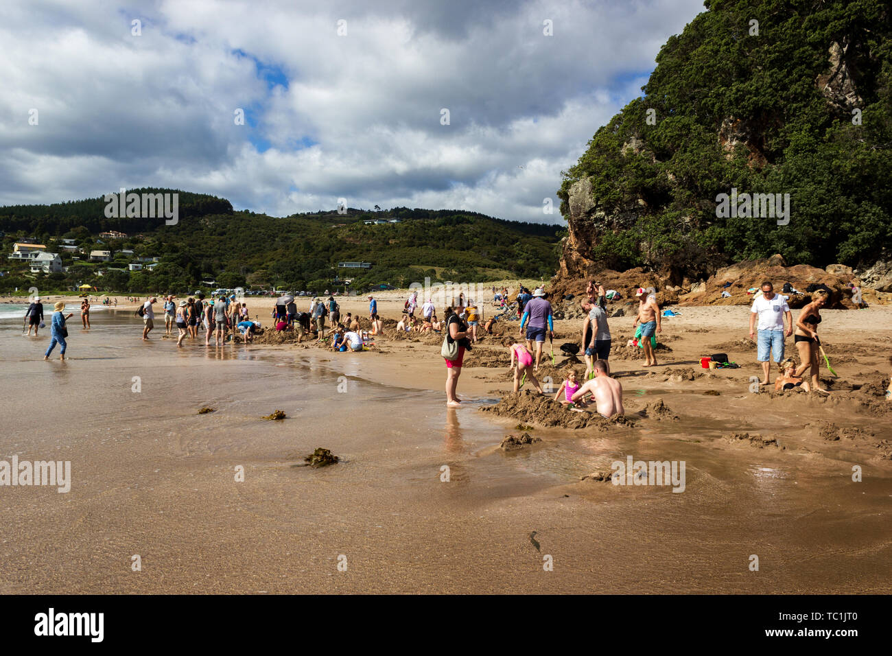 WHITIANGA, NZL - Jan 20 2015:Visitantes haciendo pequeñas piscinas de agua caliente en la playa de agua caliente.es uno de los más populares atracciones geotermales en Nueva Zelanda Foto de stock