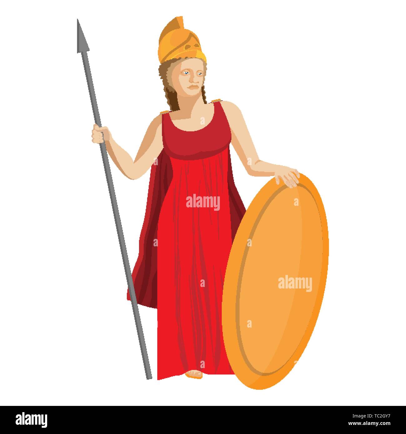 Atenea griego mitológico sosteniendo una lanza y un escudo en el vestido  rojo y casco dorado. La antigua diosa de la sabiduría, la artesanía y la  guerra. Religión y mitología Imagen Vector