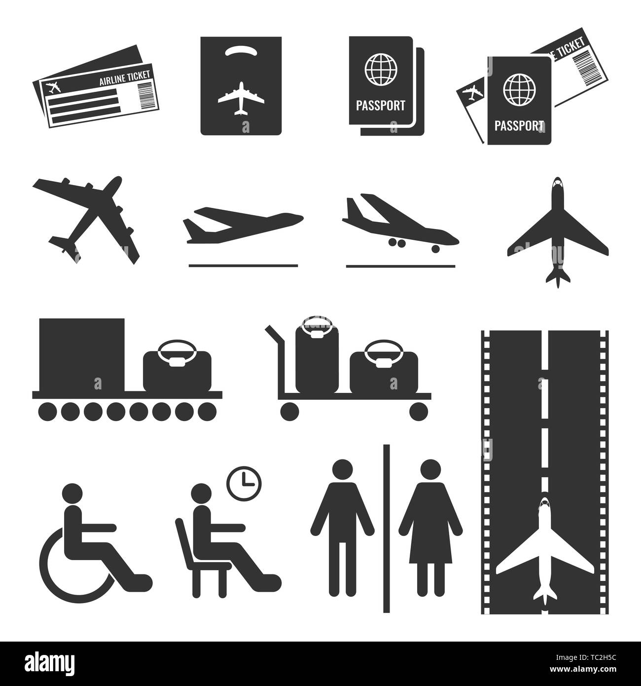 Aerolínea signos incoloro. Los pasaportes y billetes de avión volando, equipaje Ilustración del Vector