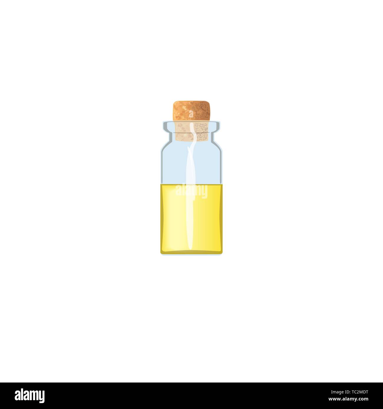 Frasco de aceite vacío con líquido amarillo y Cork, tranparent frasco blanco hielo, scent botella, frasco de medicina, jar. Para las drogas, pastillas, medicamentos, aromaterapia Ilustración del Vector