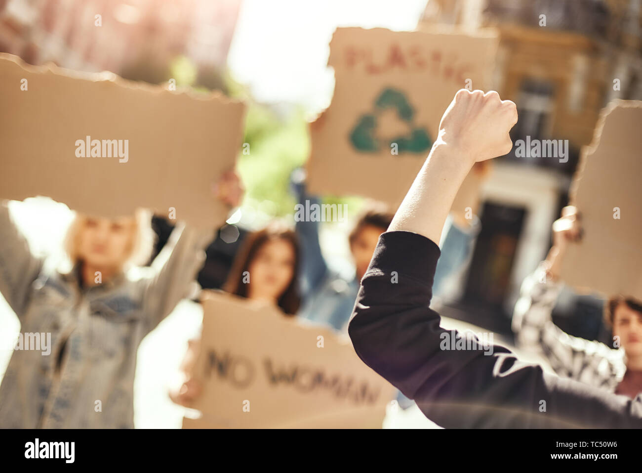 Lucha como una chica vista posterior del activista protestando por la ecología con un grupo de manifestantes sosteniendo carteles. Concepto de ecología. Clima la huelga. Concepto de protesta. El concepto de la revolución Foto de stock