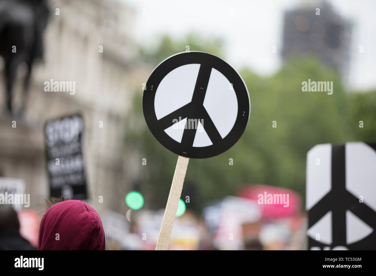 Una persona tiene un signo de paz banner en una protesta Foto de stock