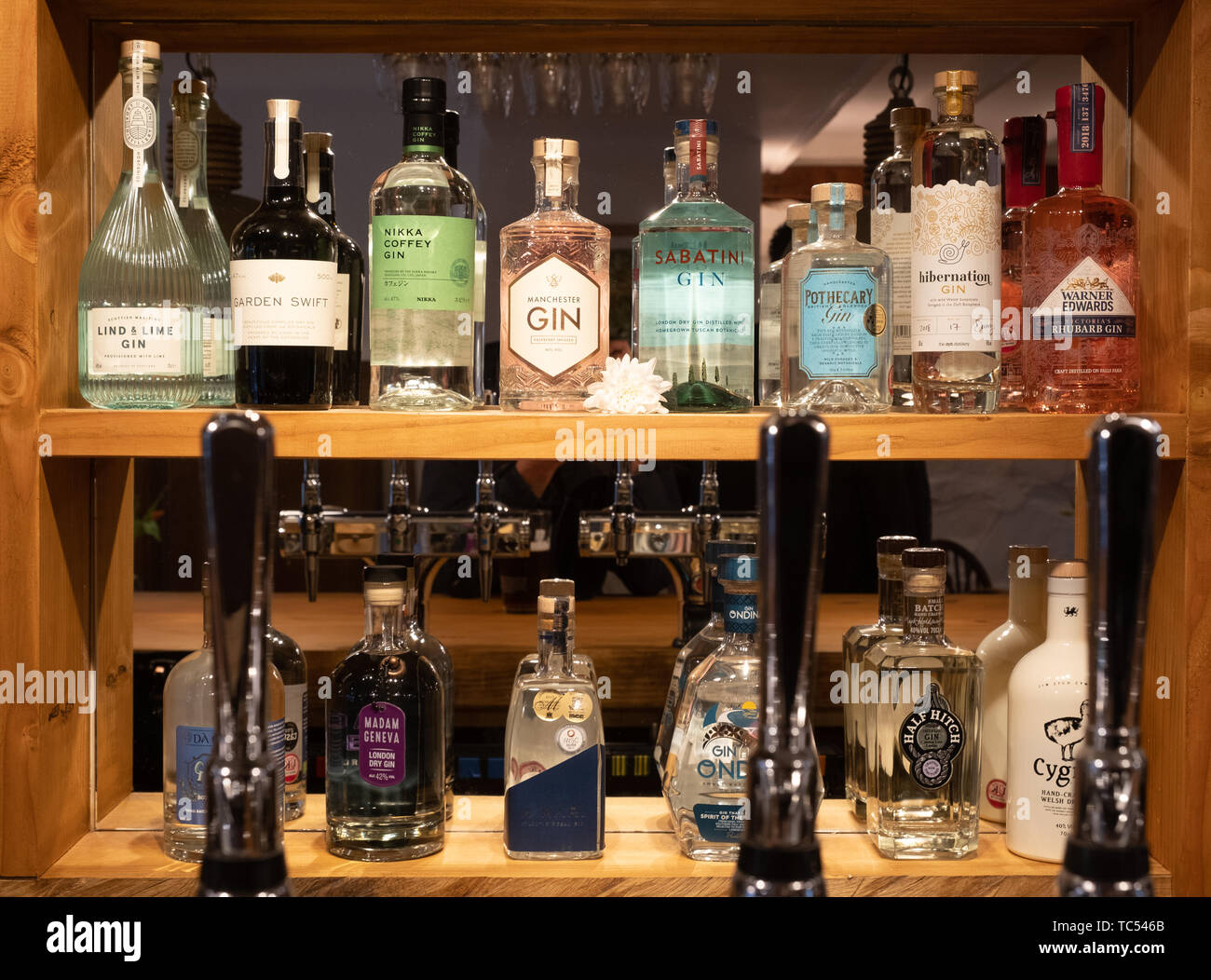 Botellas de diseñador de oficio artesanal ginebras aromatizadas en venta detrás del bar y el restaurante y pub Ffarmers, Llanfihangel y Creuddyn Ceredigion, Gales, Reino Unido Foto de stock