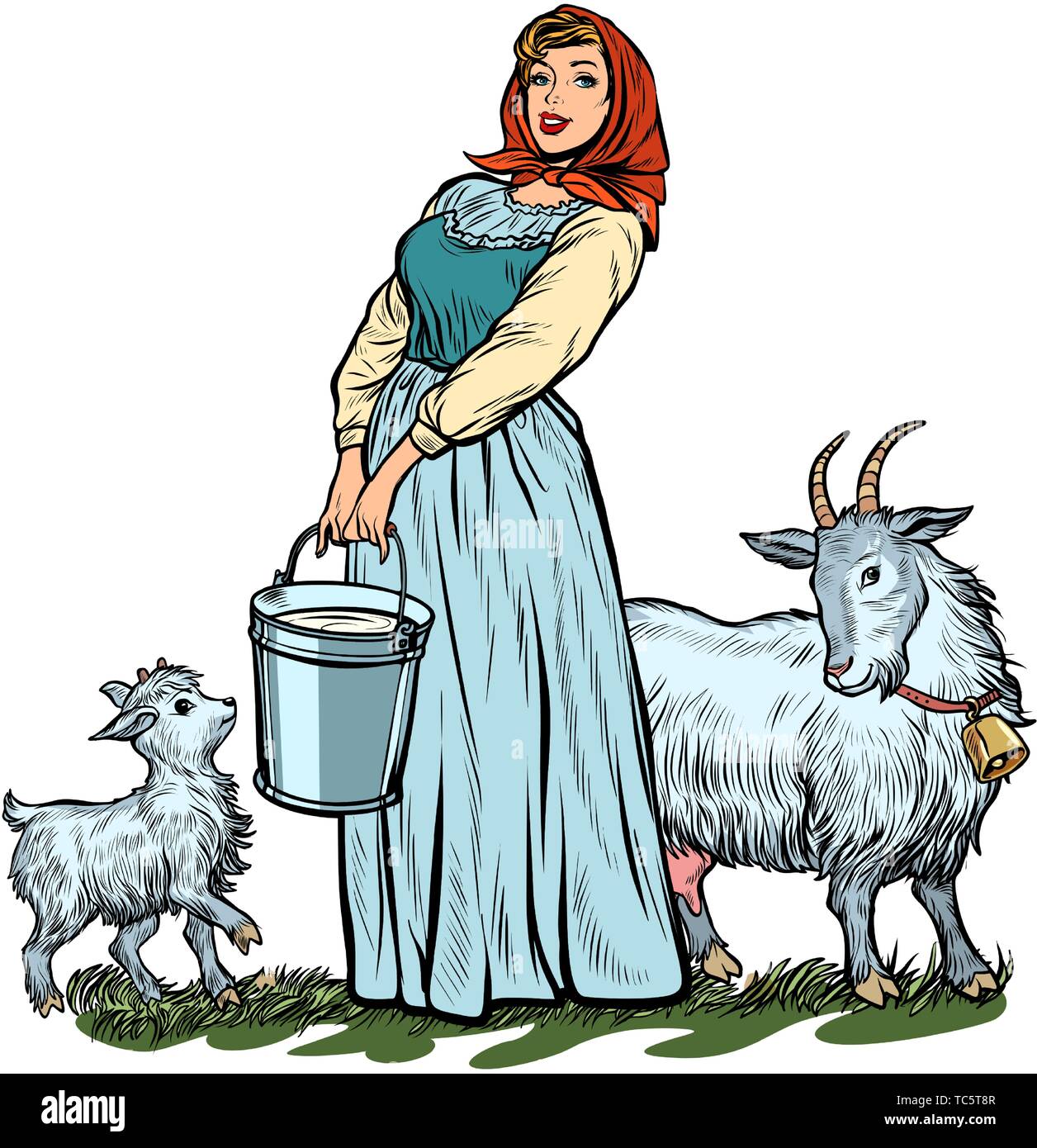 Una mujer de la aldea con el cucharón de leche de cabras aislar sobre fondo blanco. Pop art ilustración vector vintage retro kitsch 50s 60s Ilustración del Vector