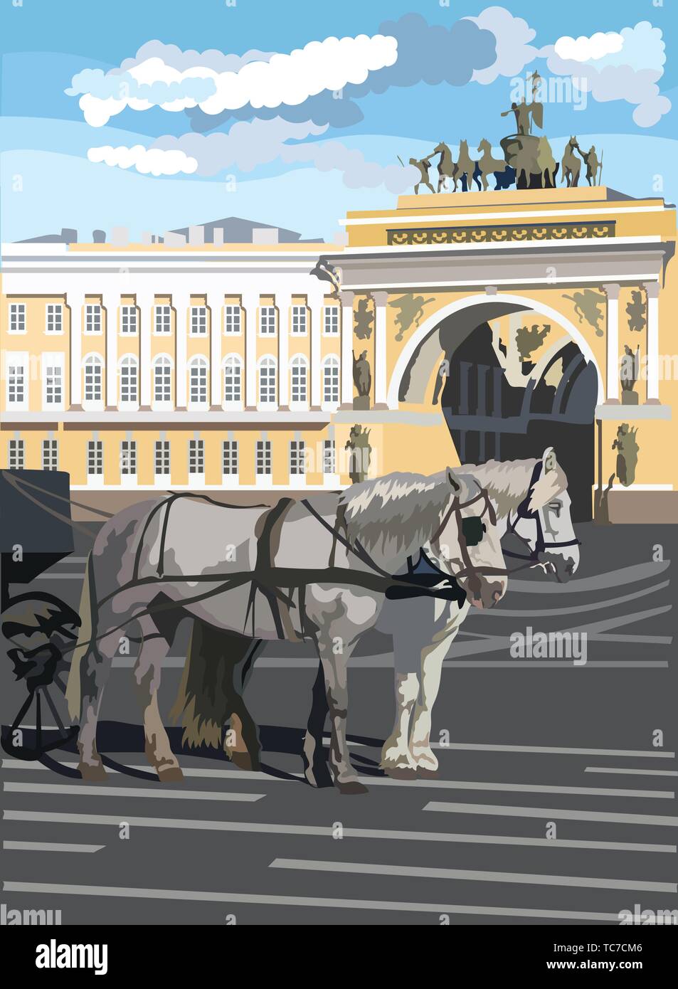 Vista sobre dos caballos y carruajes, el Arco de Triunfo, en la plaza del palacio en San Petersburgo, Rusia. Hito de San Petersburgo. Colorida ilu vectorial Ilustración del Vector