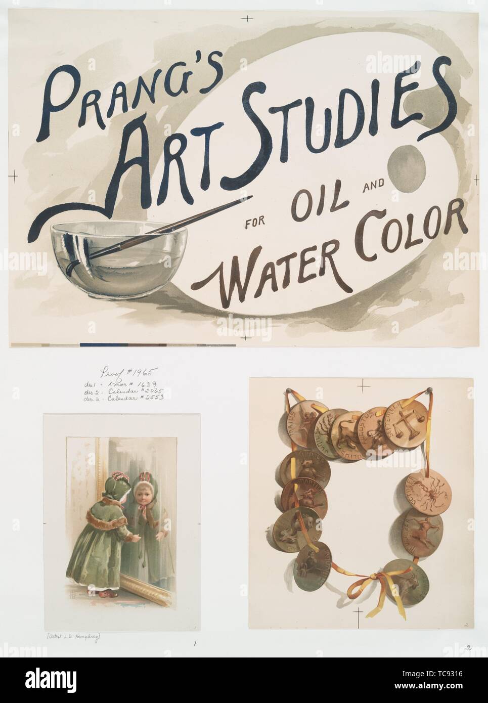 Calendario, tarjeta de Navidad y un cartel con las palabras 'prang estudios  de arte para el aceite y el agua color'; representando una chica busca en  un espejo, una cadena de Fotografía