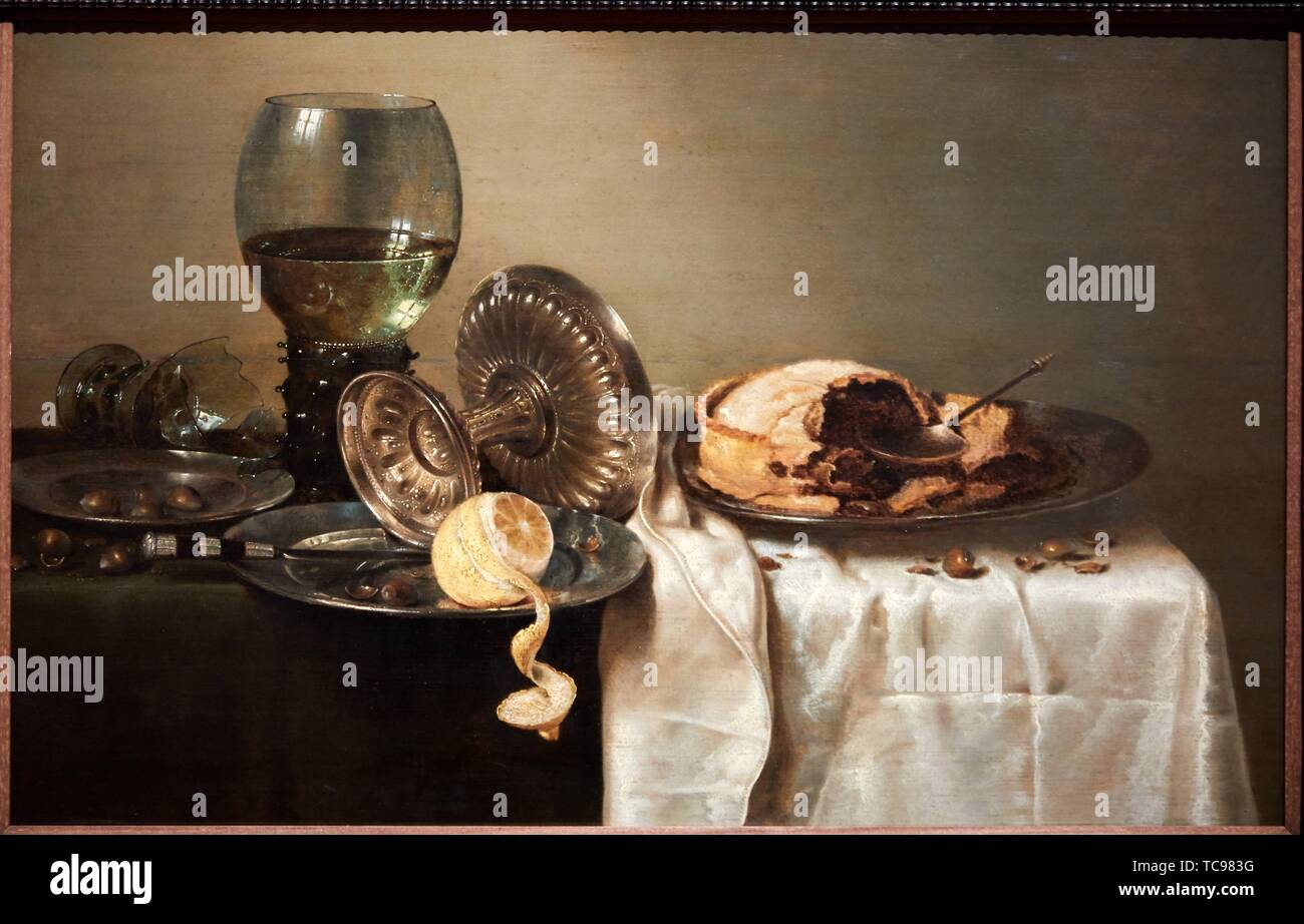 '''Still Life con tarta de frutas y diversos'', de 1634, Willem Claesz. Heda, Museo Thyssen Bornemisza, Madrid, España Foto de stock