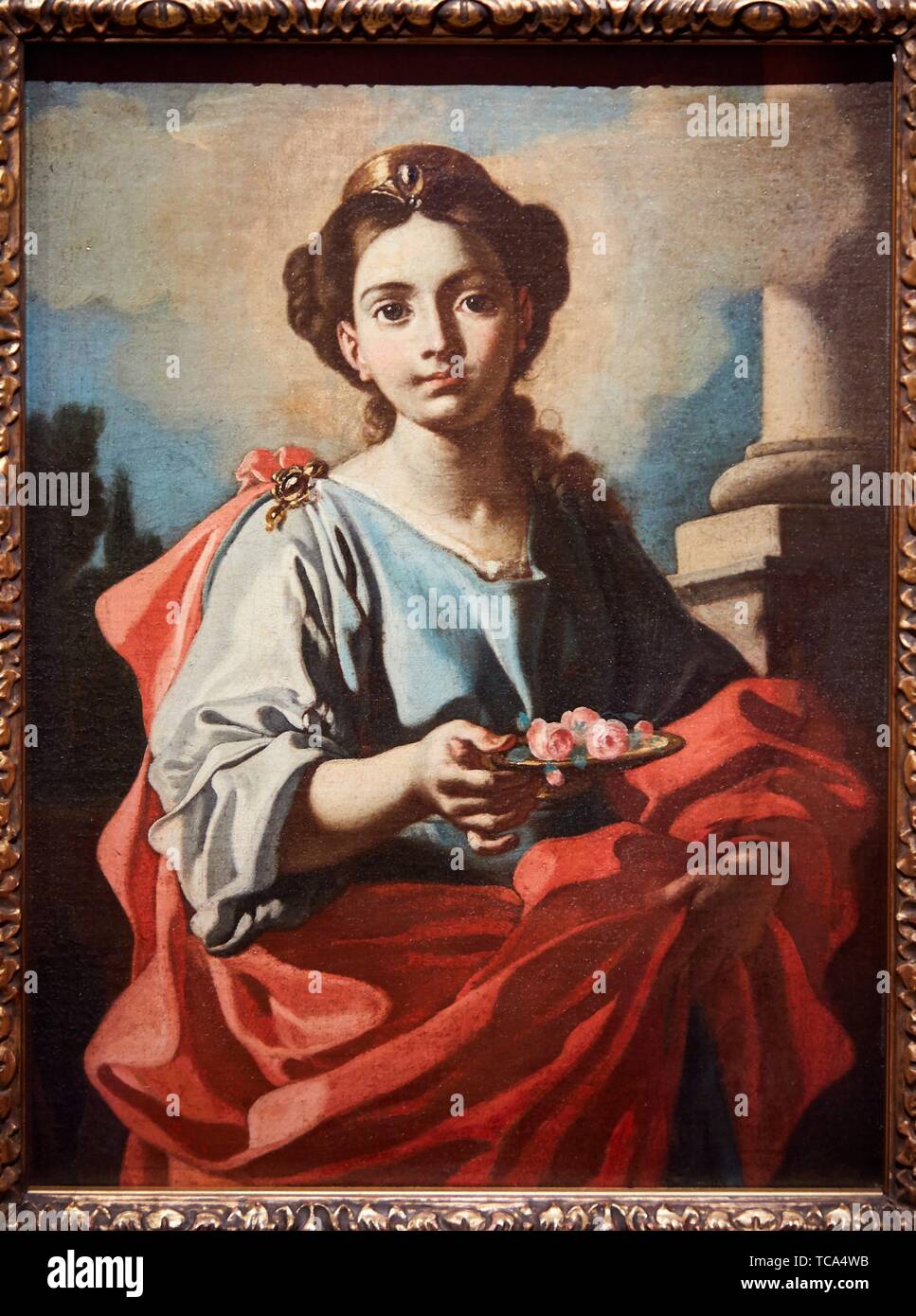'''Una mujer Saint sosteniendo un plato con rosas'', Giacomo Cestaro (atribuido a), Museo Thyssen Bornemisza, Madrid, España Foto de stock