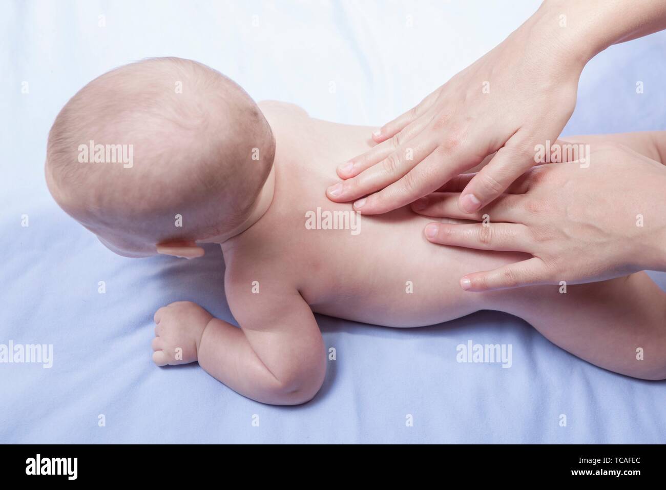 Masaje en la espalda a 3 mes Baby Boy. Terapeuta de masaje de manos femeninas. Foto de stock