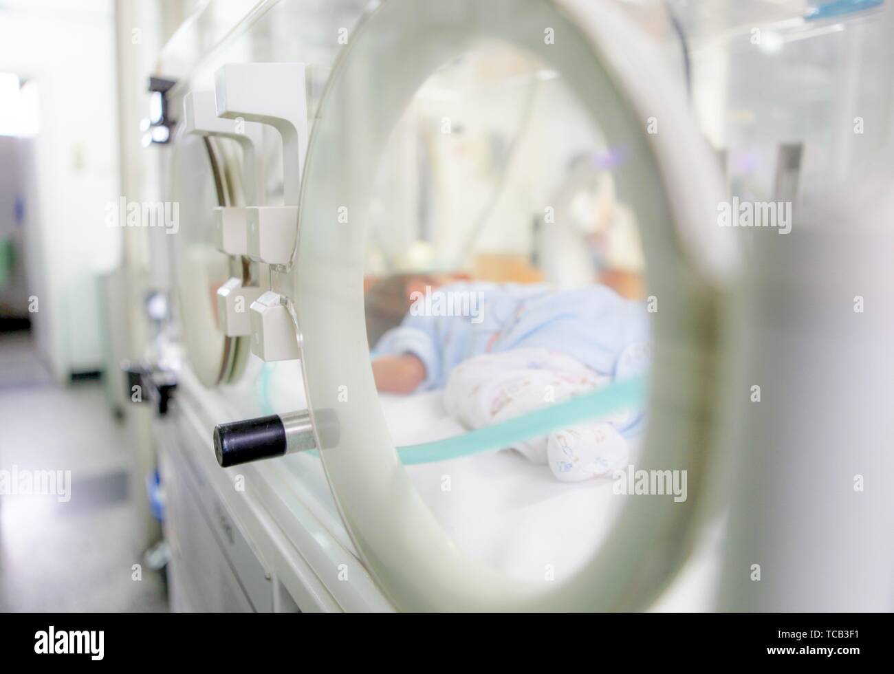 SLIVEN, BULGARIA - Enero 21, 2012: el bebé recién nacido en el hospital. Foto de stock