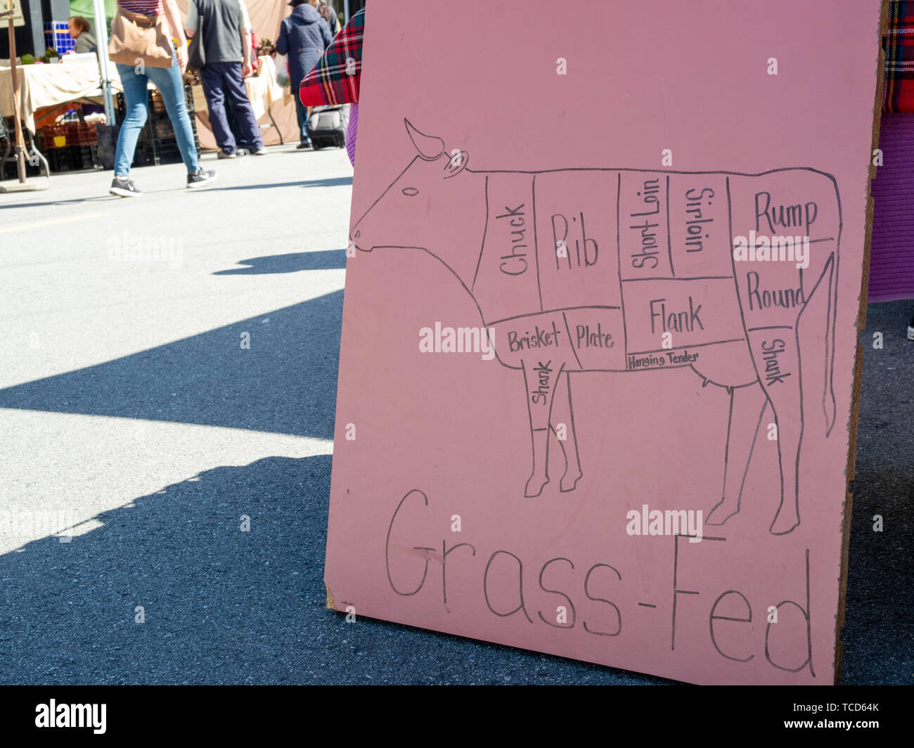 Cortes de carne dibujados a mano gráfico sobre el césped alimentados publicado el signo en el mercado al aire libre Foto de stock