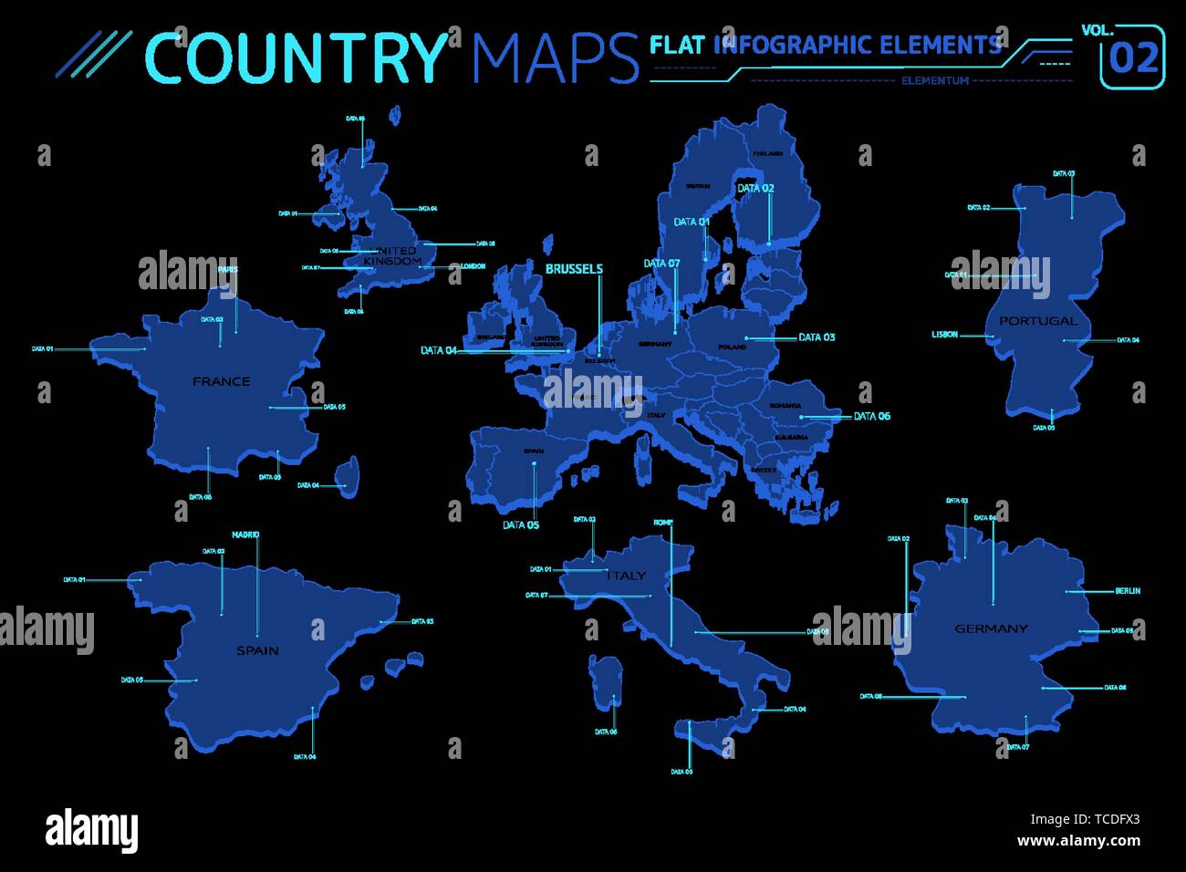 Europa, Reino Unido, Francia, España, Italia, Portugal y Alemania los mapas de vectores. Ilustración del Vector