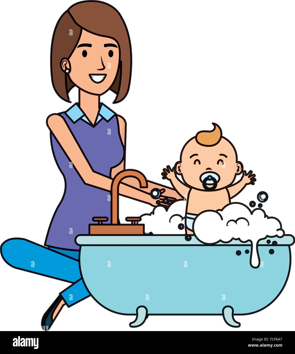 Madre con su bebé en la tina de baño Imagen Vector de stock - Alamy