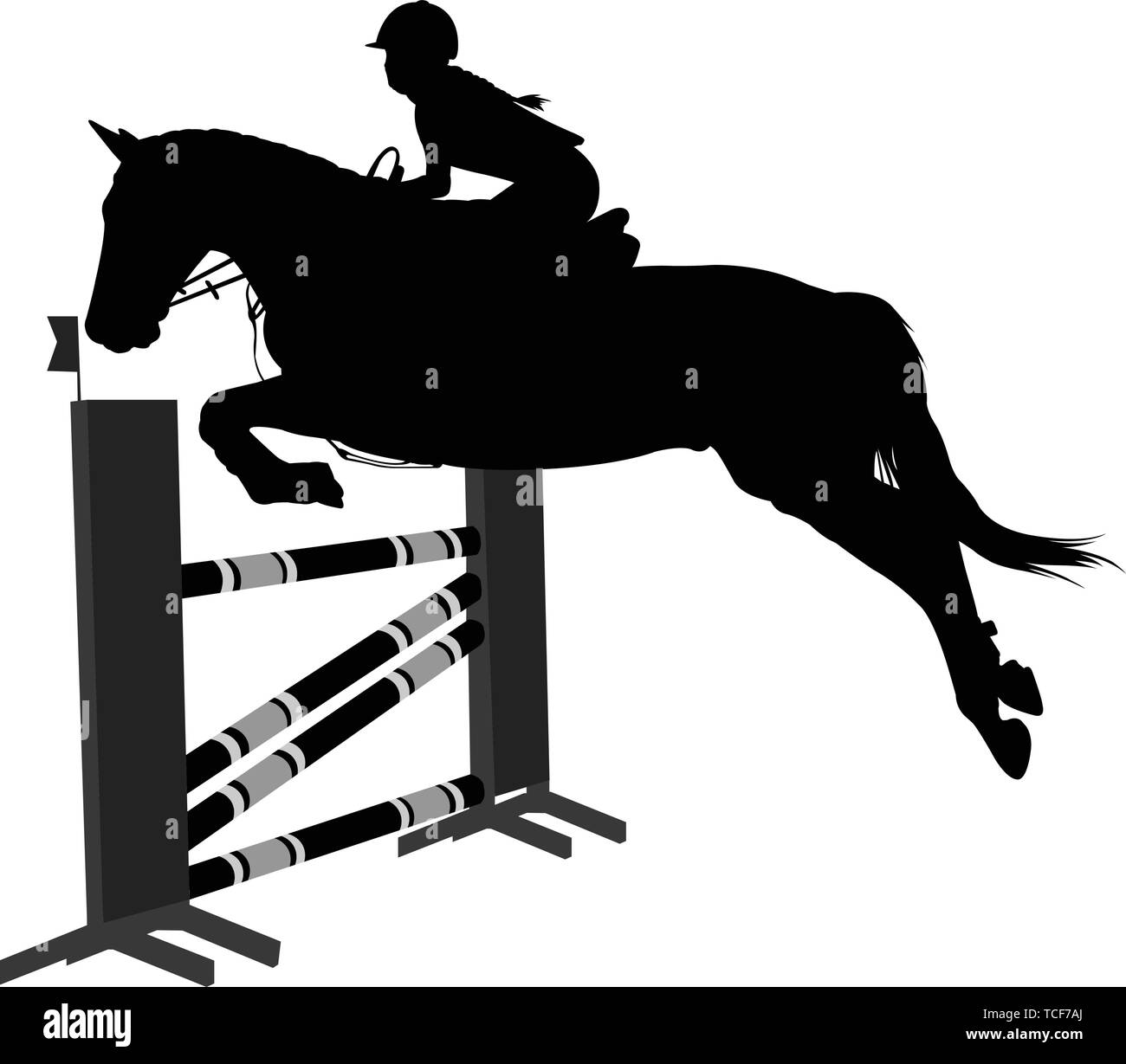 Show jumping.deporte ecuestre caballo con jinete saltando un obstáculo silueta - vector Ilustración del Vector