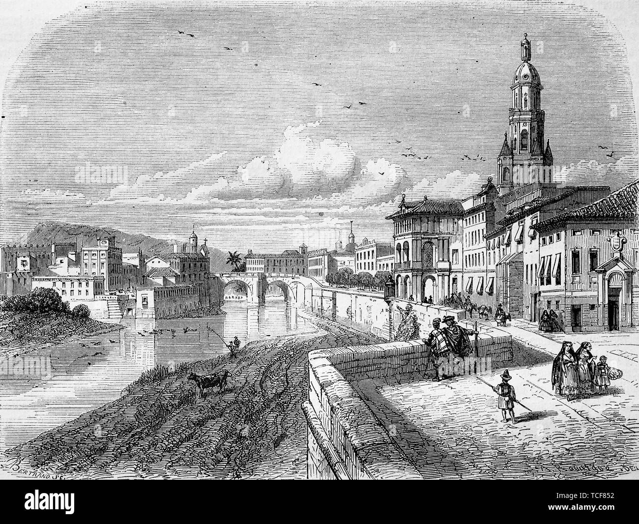 Murcia, una ciudad en el sudeste de España, 1860, histórico xilografía, España, Europa Foto de stock
