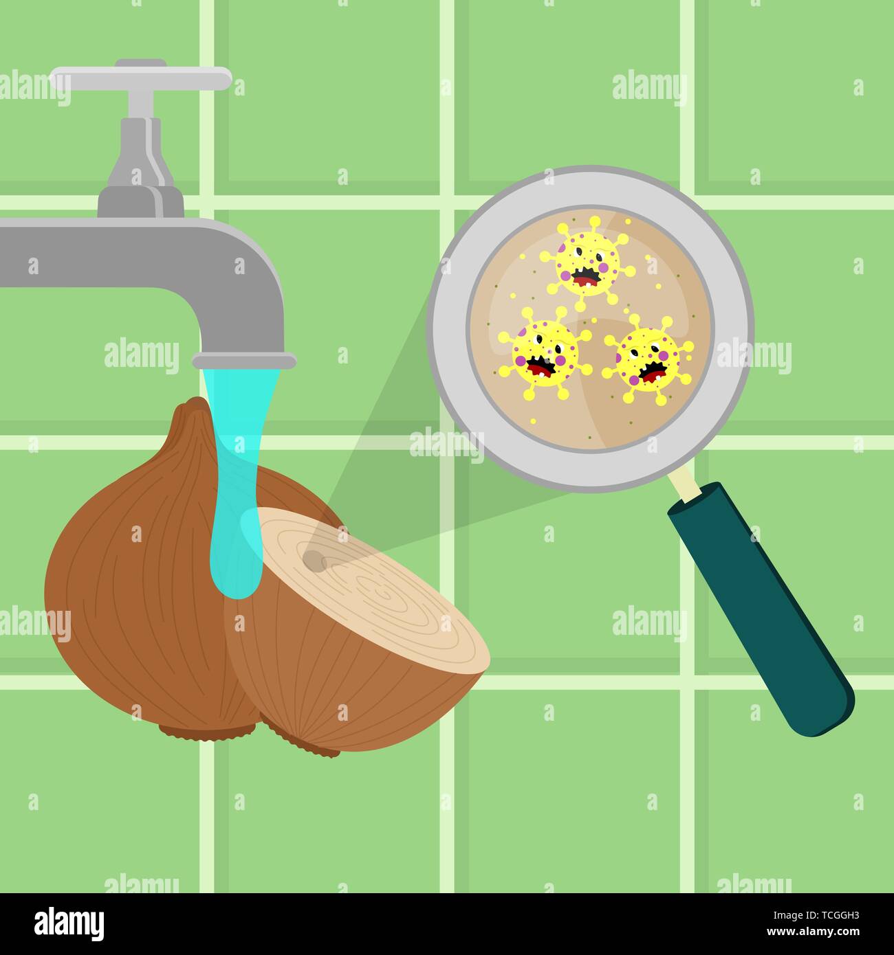 Cebolla contaminados con microbios de dibujos animados que se limpian y se lavan en una cocina. Los microorganismos, bacterias y virus en el vegetal amplía en un magn Ilustración del Vector