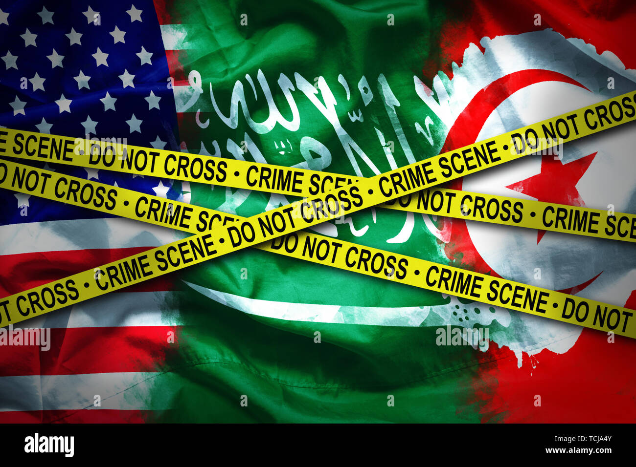 Banderas para 3 países conectados de la escena del crimen. En el caso del asesinato del periodista saudí refugiado en los Estados Unidos de América fue matar en Arabia Saudita la embajada Foto de stock