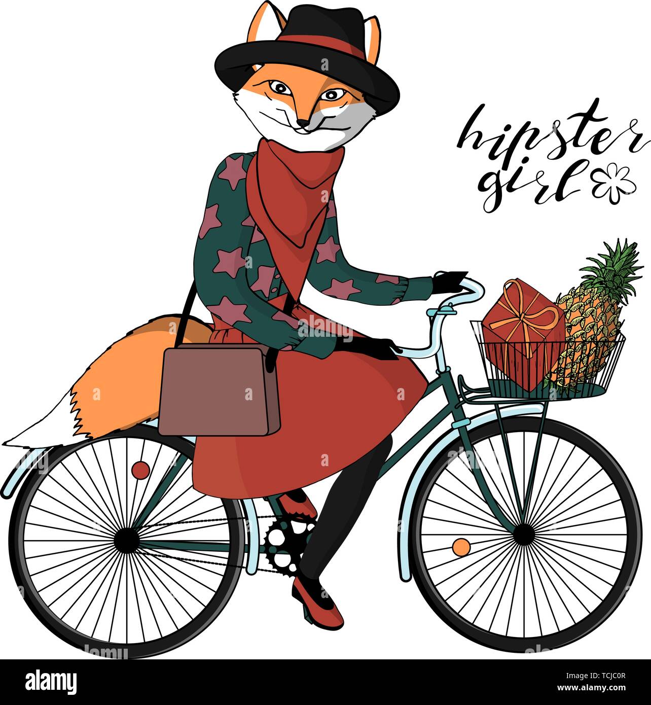 Hermosa joven hipster chica con una cabeza y cola de Fox en elegante traje  vintage vintage equitación hipster bicicleta con cesta. aislado en blanco  backgrou Imagen Vector de stock - Alamy