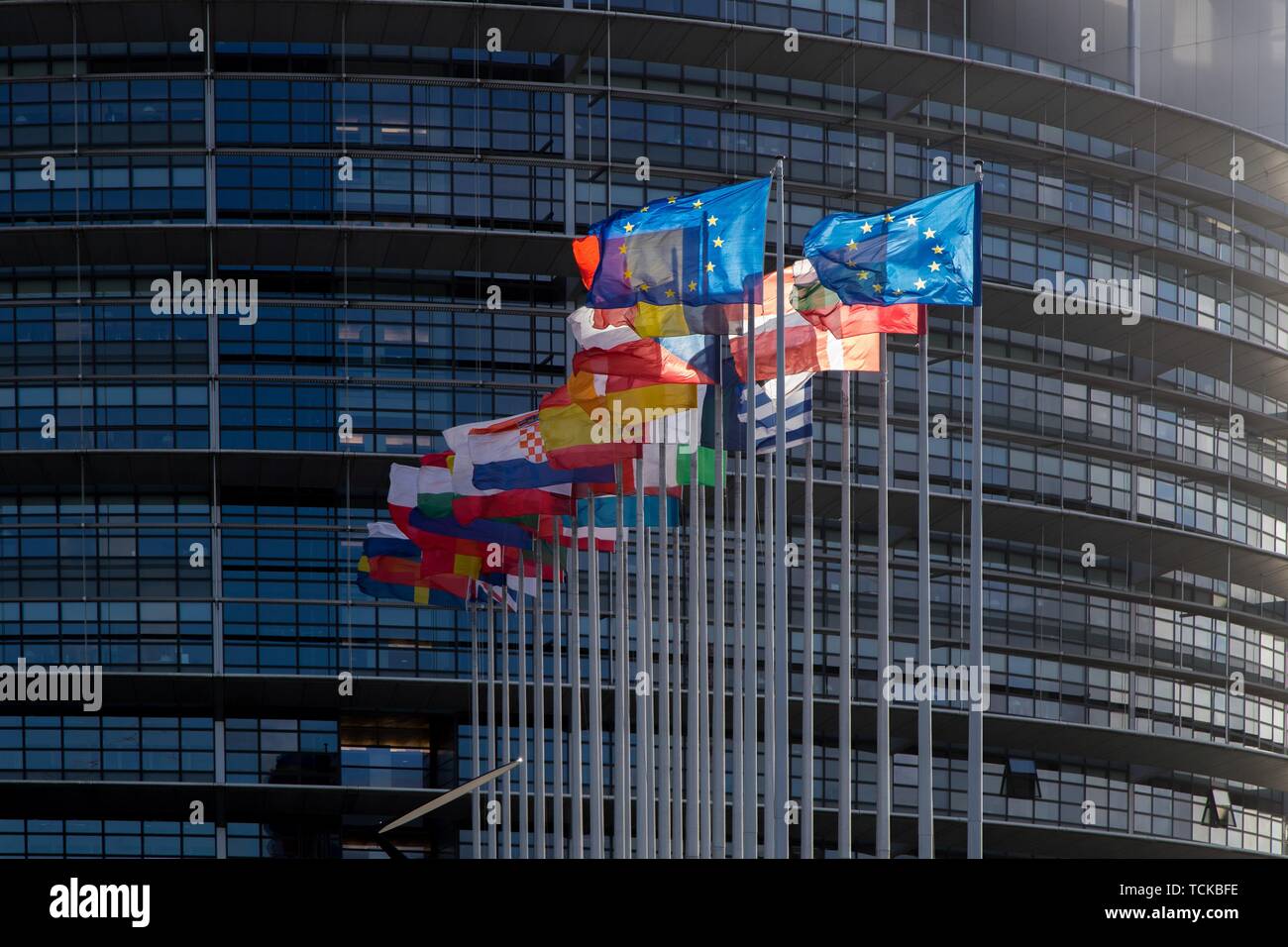 Los pabellones europeos en el viento, Louise-Weiss edificio, sede del Parlamento Europeo en Estrasburgo, Francia Foto de stock