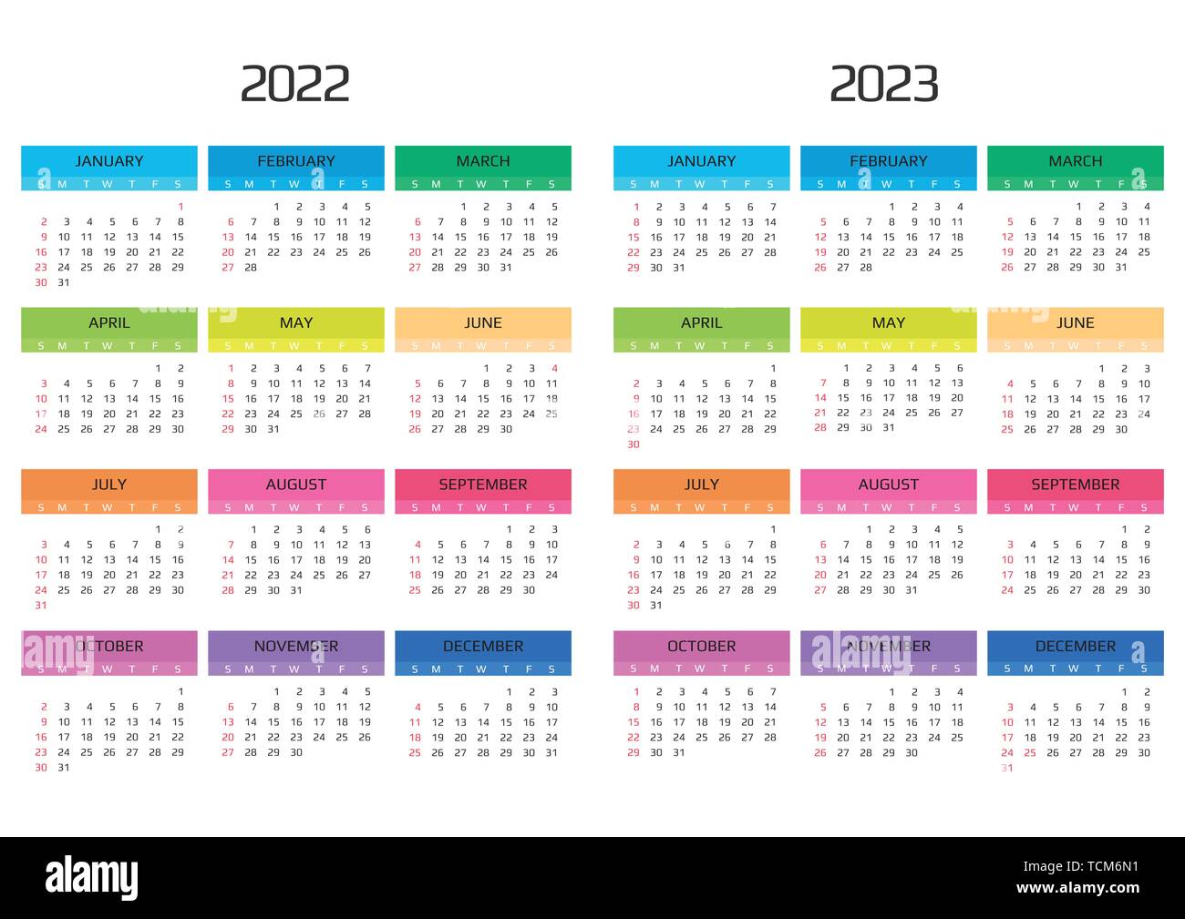 Calendario 2022 A 2023 Calendario 2022 y 2023 plantilla. 12 meses. Incluir eventos de vacaciones.  La semana comienza el domingo Imagen Vector de stock - Alamy