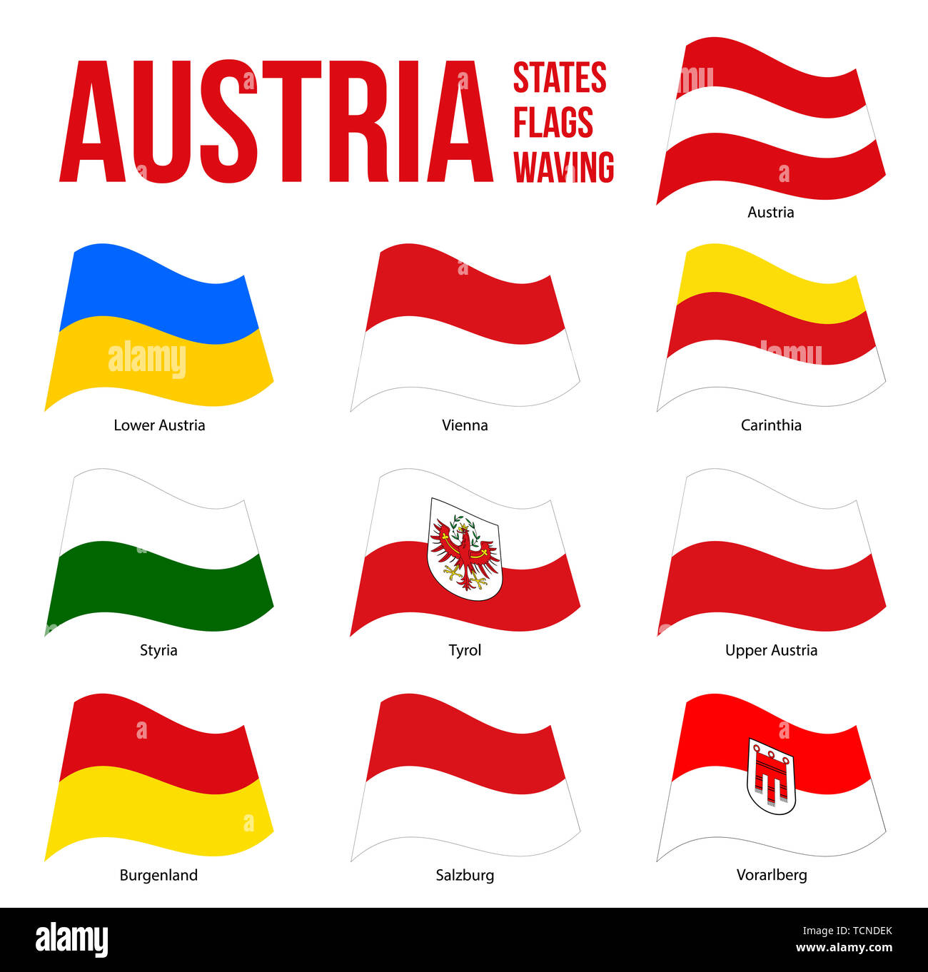 Austria todos los Estados banderas ondeando ilustración vectorial sobre