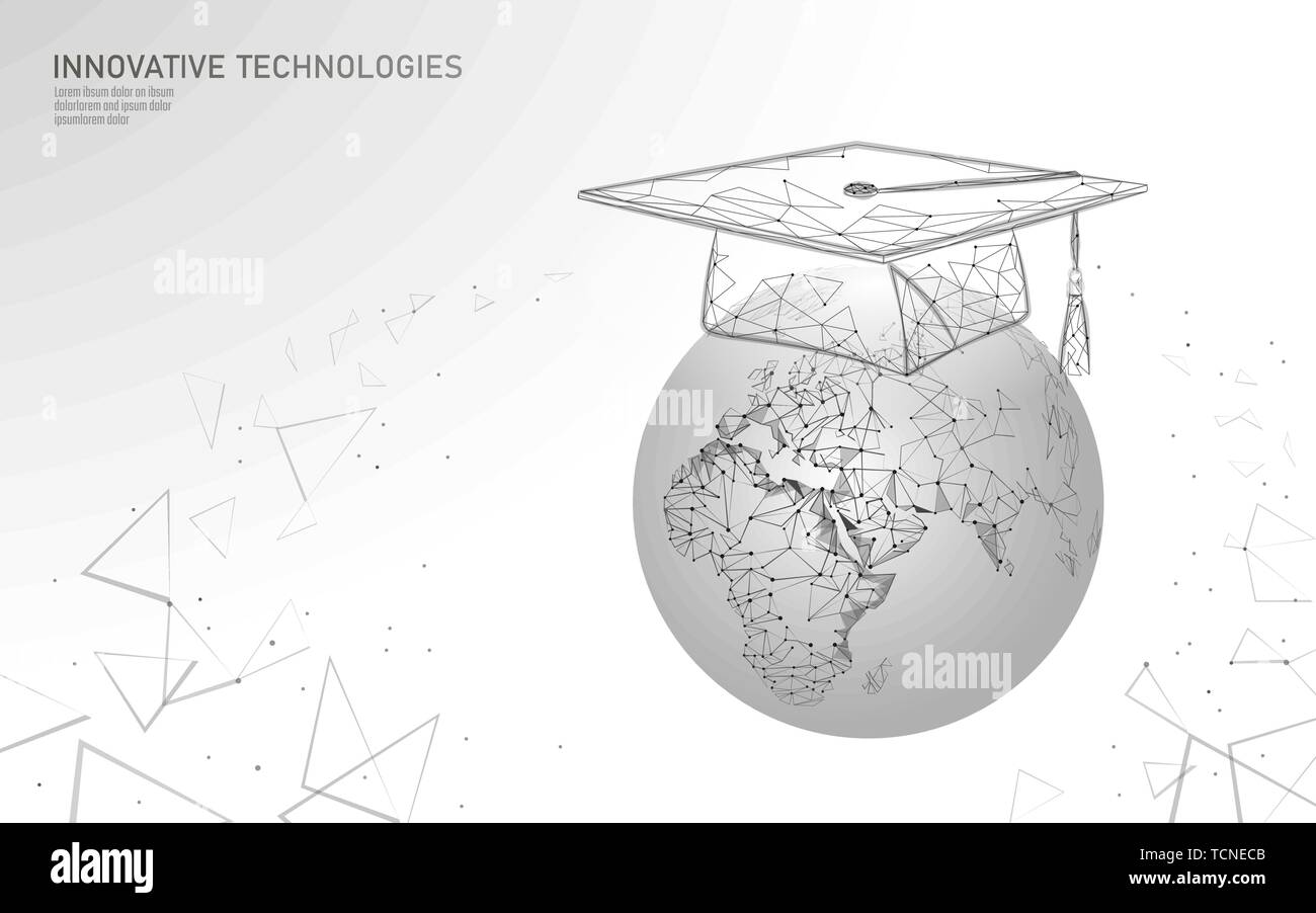 Distancia E-learning Graduate Certificate program concepto. 3D Render poly de baja graduación de la tapa en el planeta Tierra mapa mundial Plantilla de título. Internet Ilustración del Vector