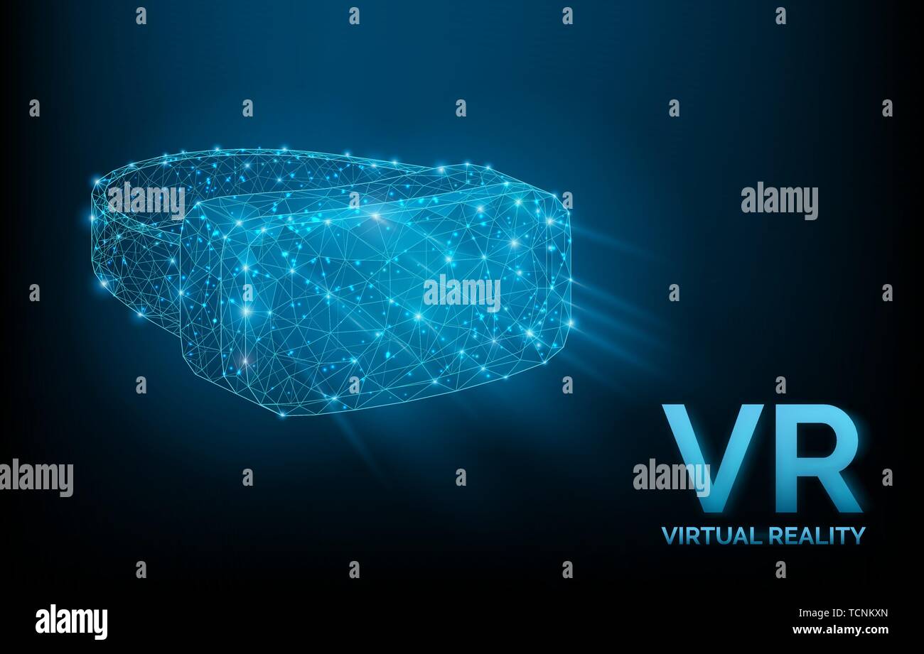 Gafas de VR, auriculares de casco de realidad virtual silueta con señales, concepto tecnológico, baja poli, ilustración vectorial. Ilustración del Vector