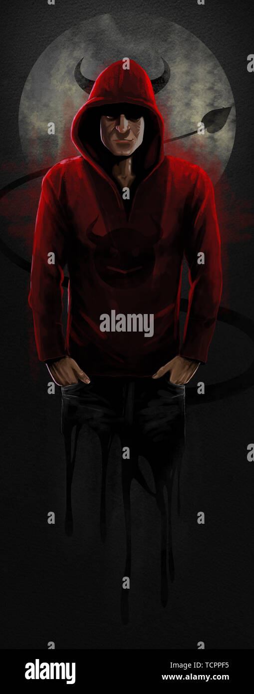 Liilustration digital de un hombre en una chaqueta con capucha roja con  cuernos y rabo de diablo, como en superficie de papel con textura  Fotografía de stock - Alamy