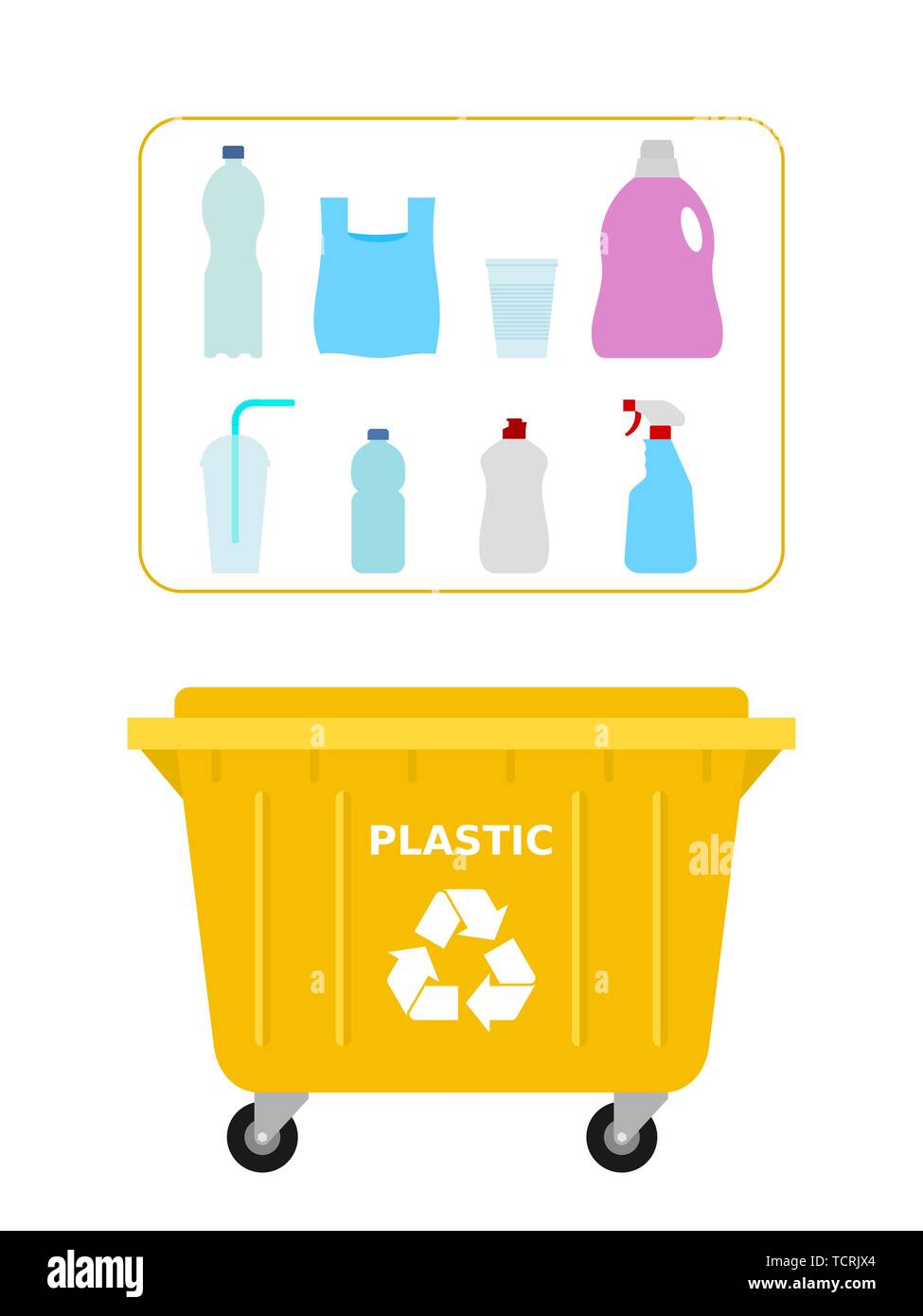 Contenedor de basura para residuos plásticos apropiados para el reciclaje. Contenedor  Amarillo. Reciclaje de plástico, separar los residuos, clasificando la  basura, ecológico, concepto Imagen Vector de stock - Alamy