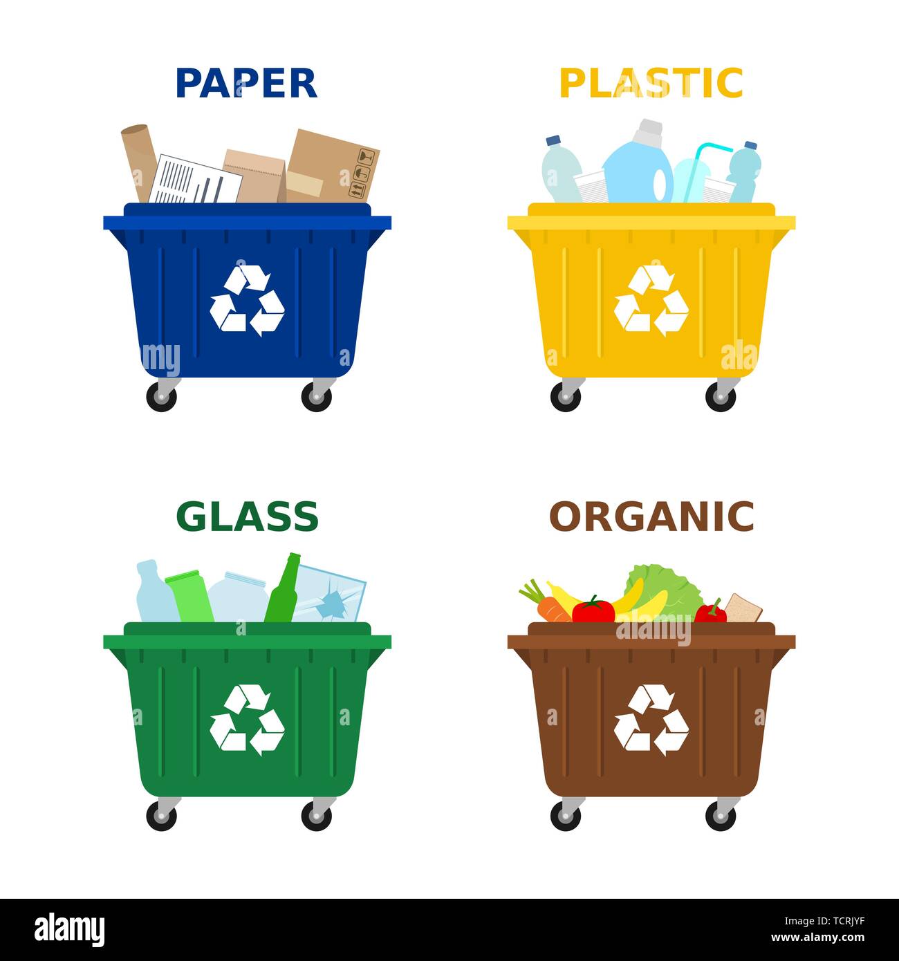 Los dumpsters de diferentes colores para la clasificación de los residuos.  Separar la basura, la clasificación de residuos, la gestión de residuos.  Recipientes de basura para el papel, plástico, vidrio y alimentos