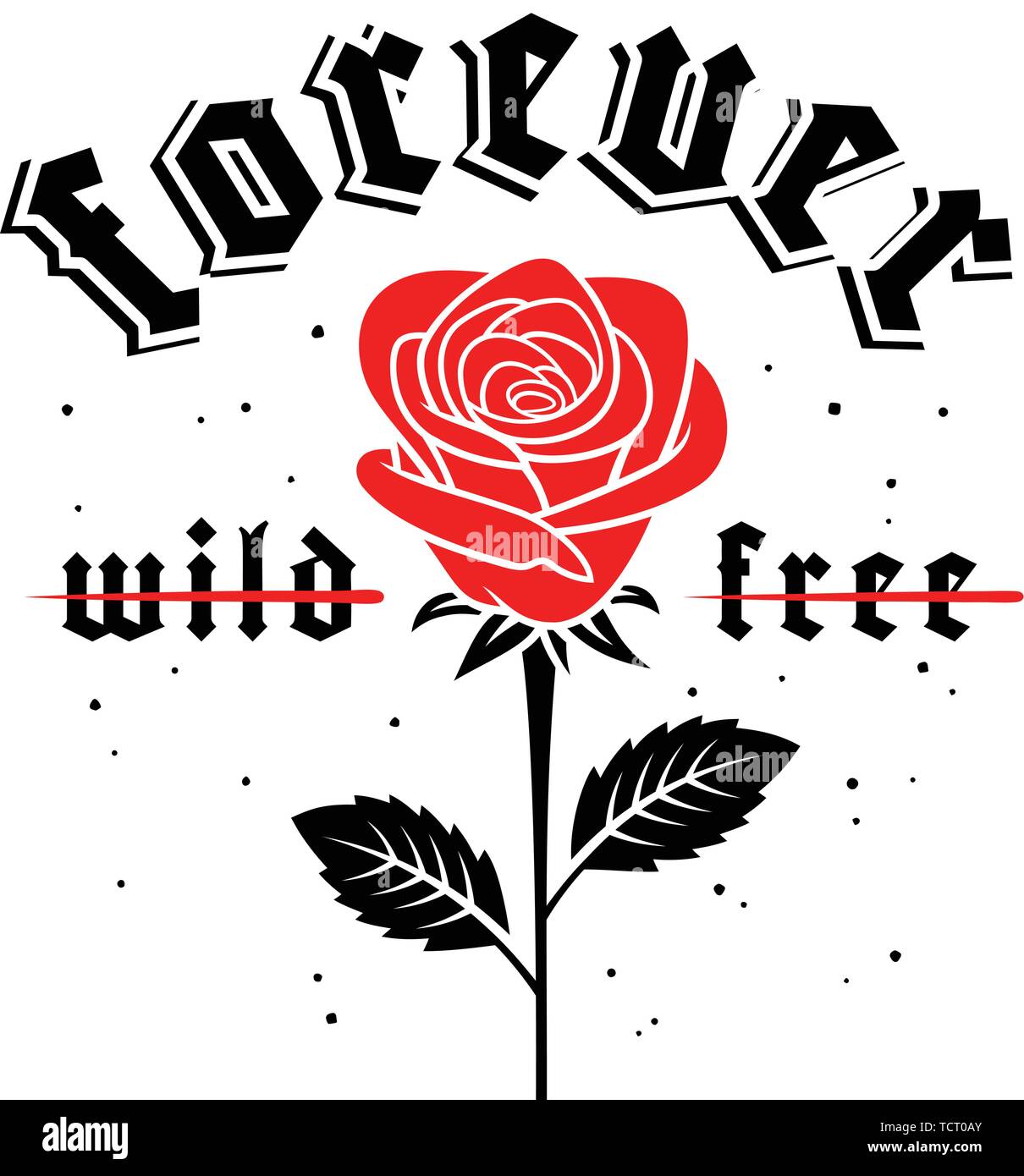Gráfico lema con rosa roja ilustración en estilo gótico para t-shirt prints diseño. Vectores Ilustración del Vector