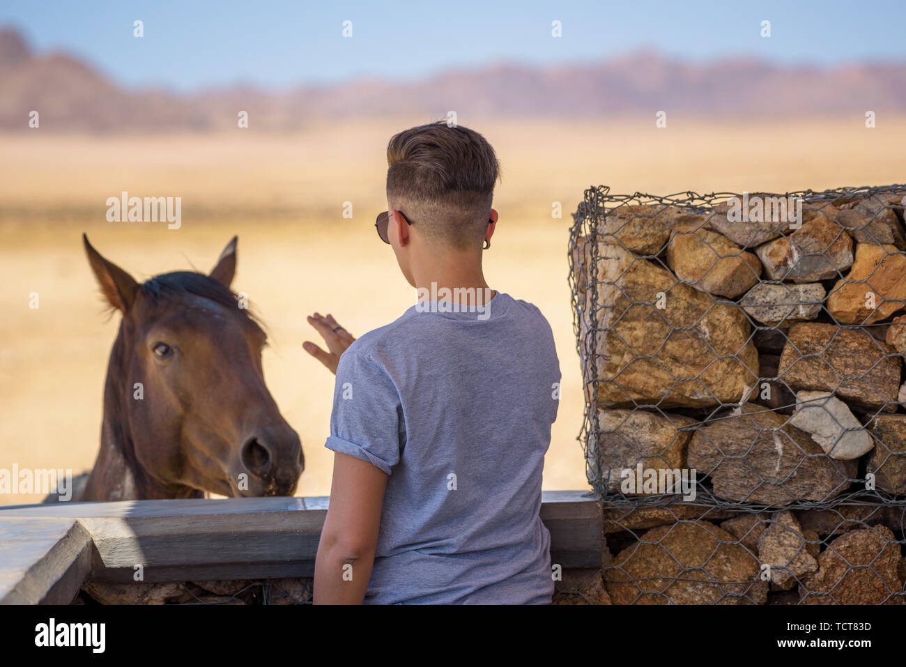 Mujer tratando de acariciar un caballo salvaje en el desierto de Namib, cerca de Luderitz, Namibia Foto de stock