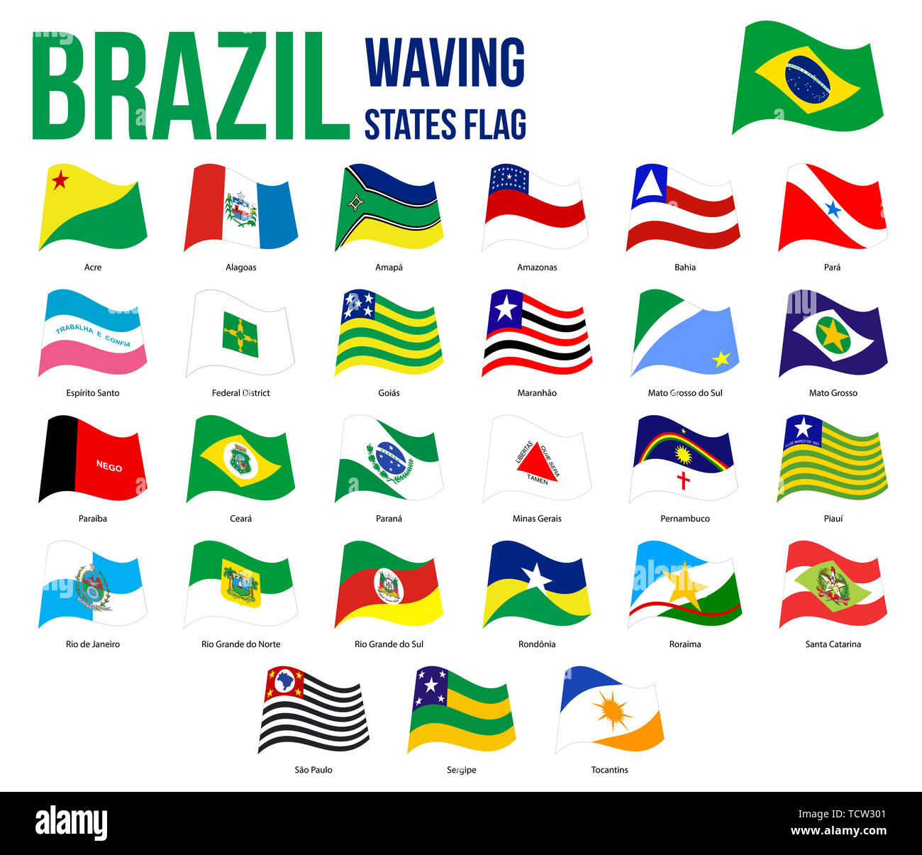 Todos los estados de Brasil agitando banderas ilustración vectorial en colores oficiales y Todos los estados de Brasil agitando banderas ilustración vectorial en colores oficiales y