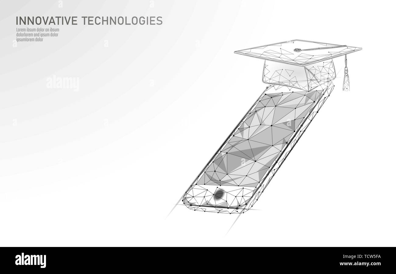 Postgrado a distancia E-learning a través del smartphone. El programa de certificado de concepto. Low poly 3D Render birrete de moderno diseño, Plantilla de título. Internet Ilustración del Vector