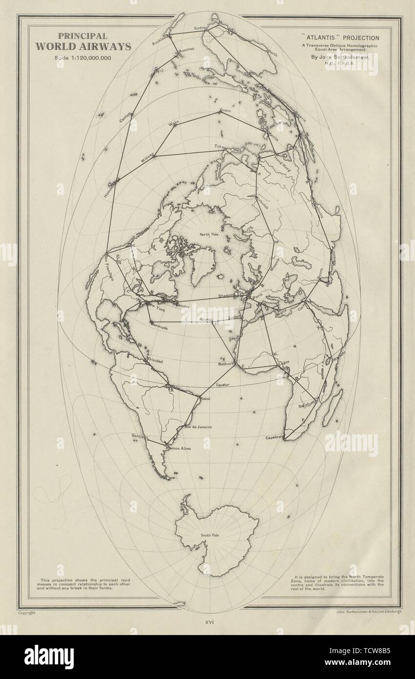 Principales rutas aéreas mundiales. Atlantis proyección. Airways. Bartolomé 1947 mapa Foto de stock