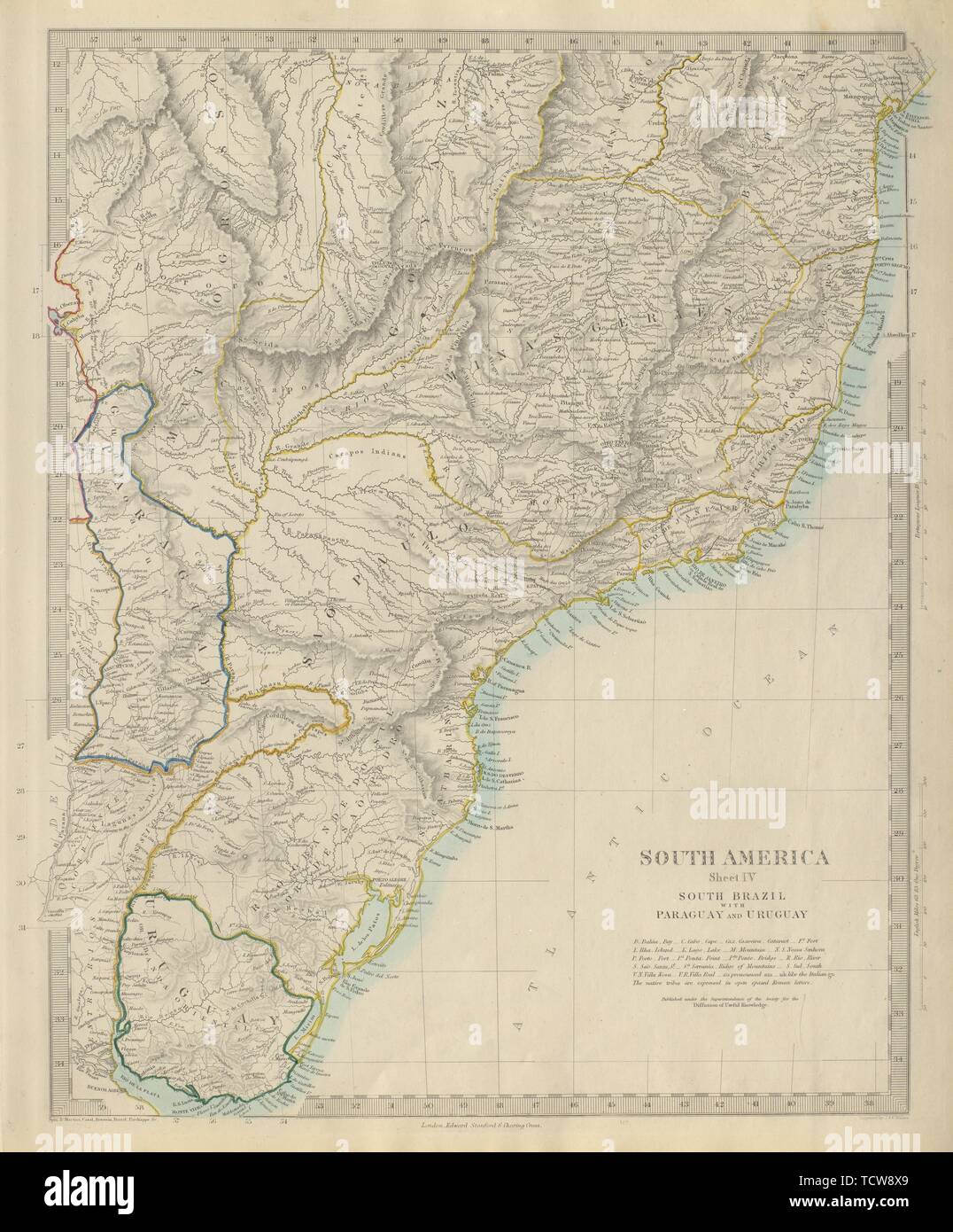 El sur de Brasil, Paraguay, Uruguay. Bahia Minas Gerais Sao Paolo. 1874 SDUK viejo mapa Foto de stock